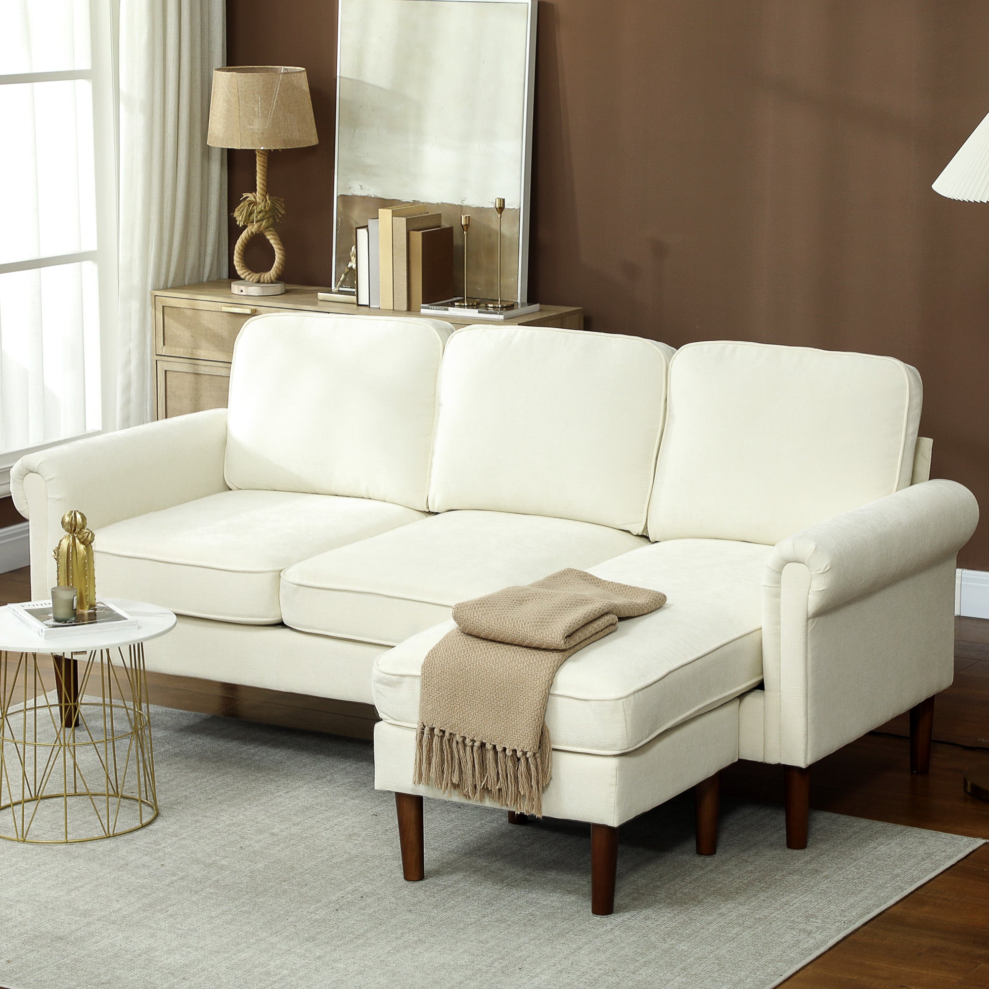 L Shape Sofa, Modern Sectional Couch with Changeable Chaise Lounge, Wooden Legs, Corner Sofa for Living Room, Cream