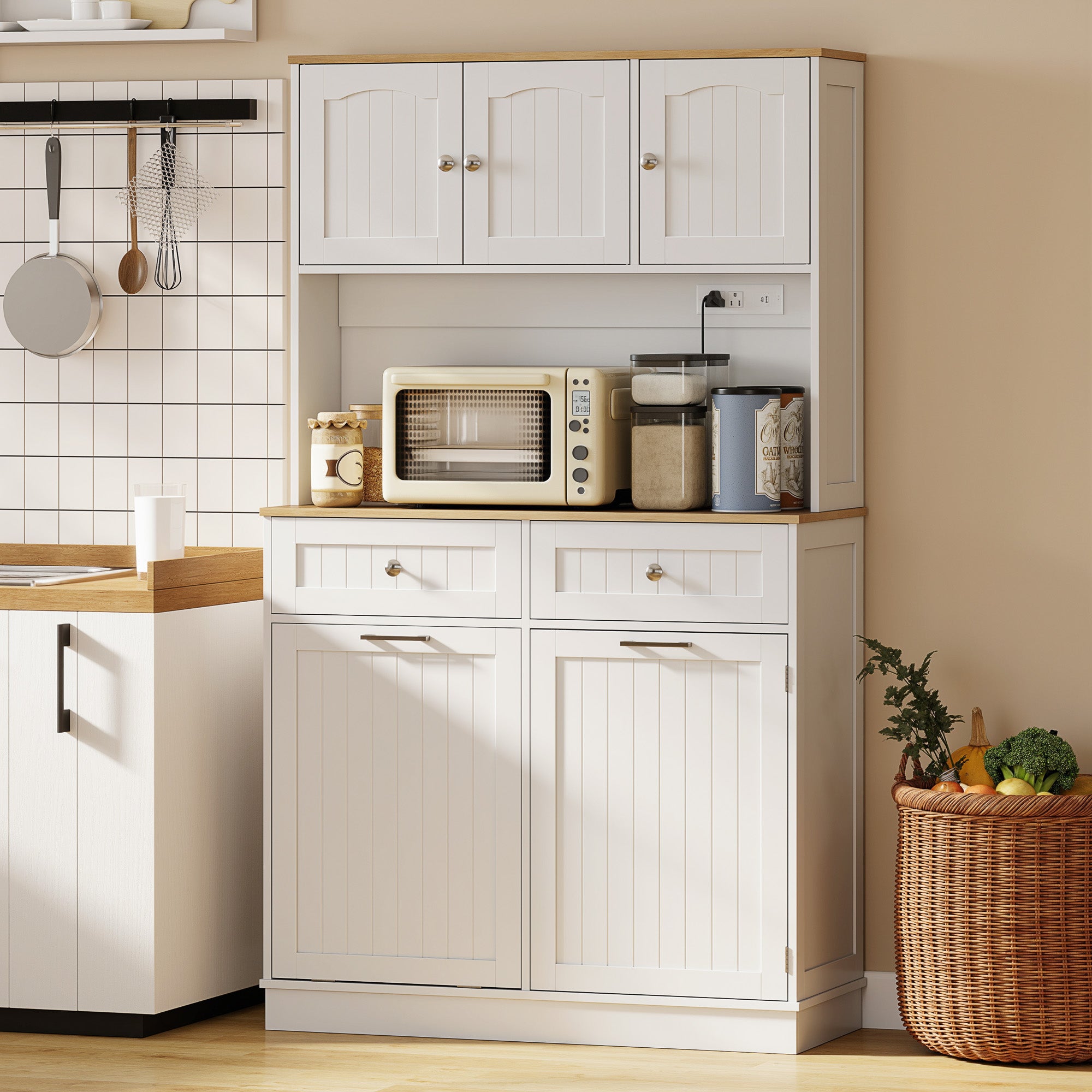 68" Pantry Cabinet with Charging Station, Storage Cabinet with Microwave Stand, 10 Gallon Trash Can Cabinet, White