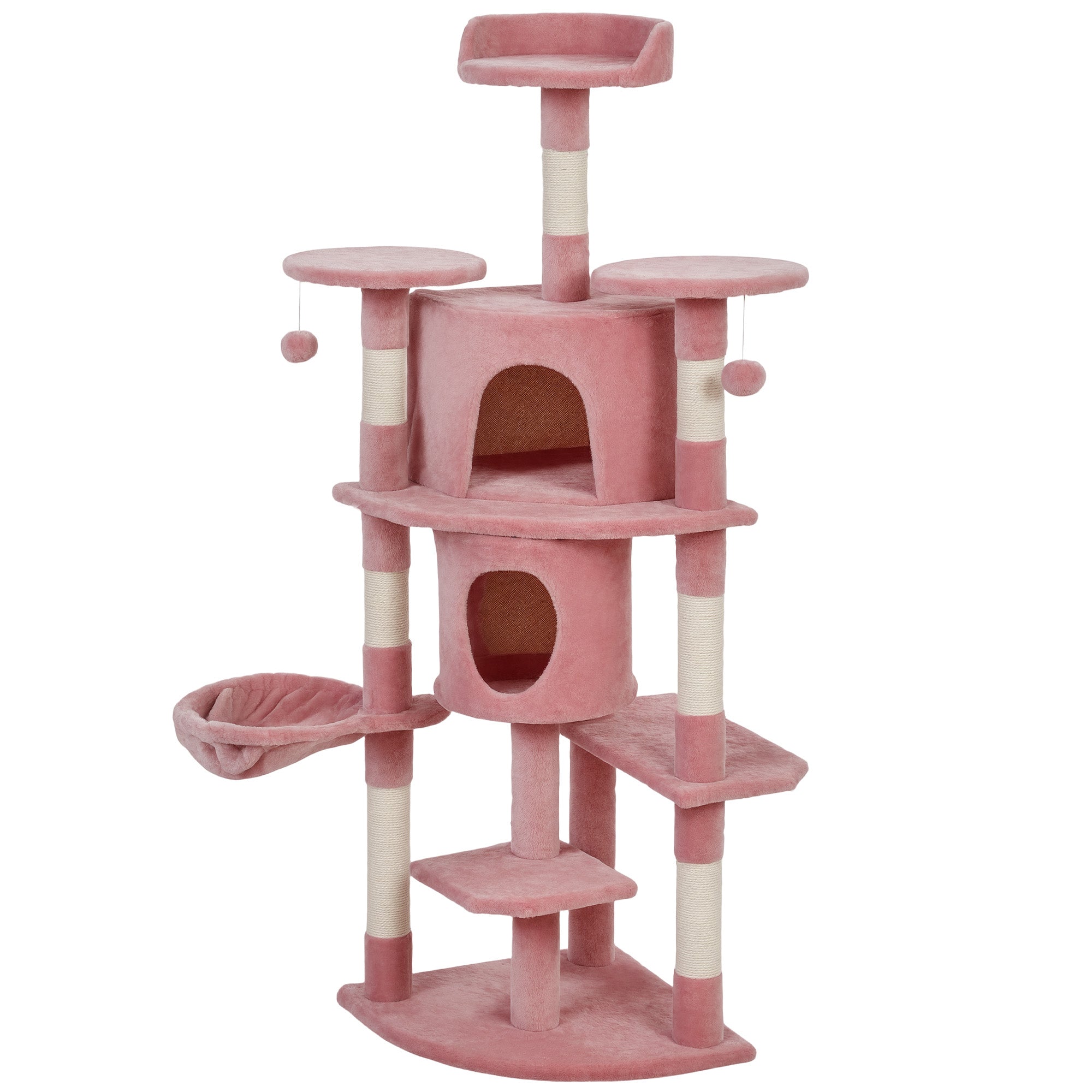 62" Cat Tree with Scratching Post, 2 Condos, Hammock, Perches, Plush, Pompoms, for Indoor Cats, Pink