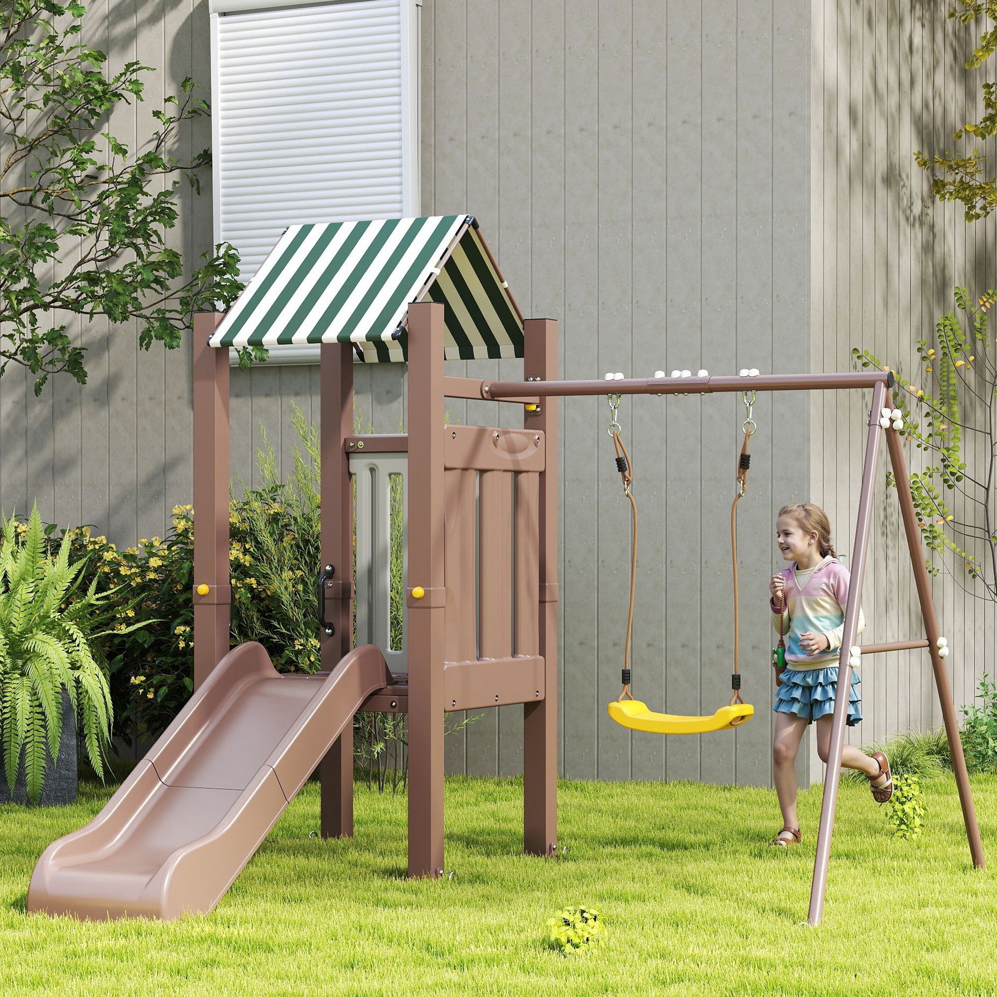 Qaba 4-in-1 Kids Swing Set for Playground with Slide, Covered Fort, Climbing Ladder, Ground Stakes, for Kids Ages 3-8, Brown