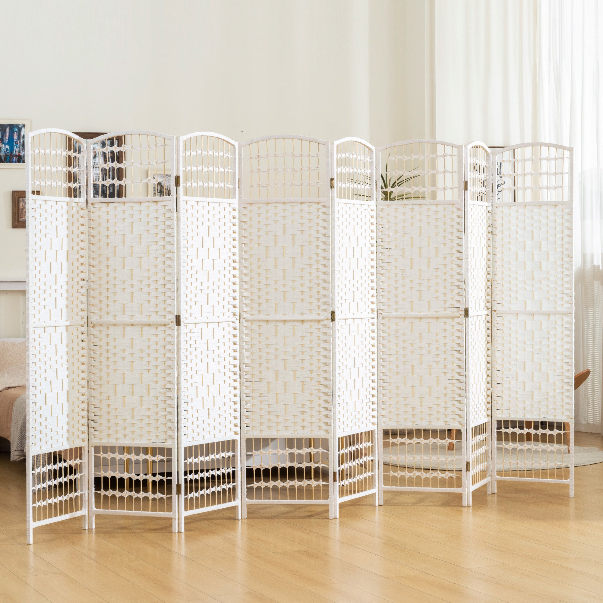 8 Panel Folding Room Divider, Portable Privacy Screen, Wave Fiber Room Partition for Home Office, White