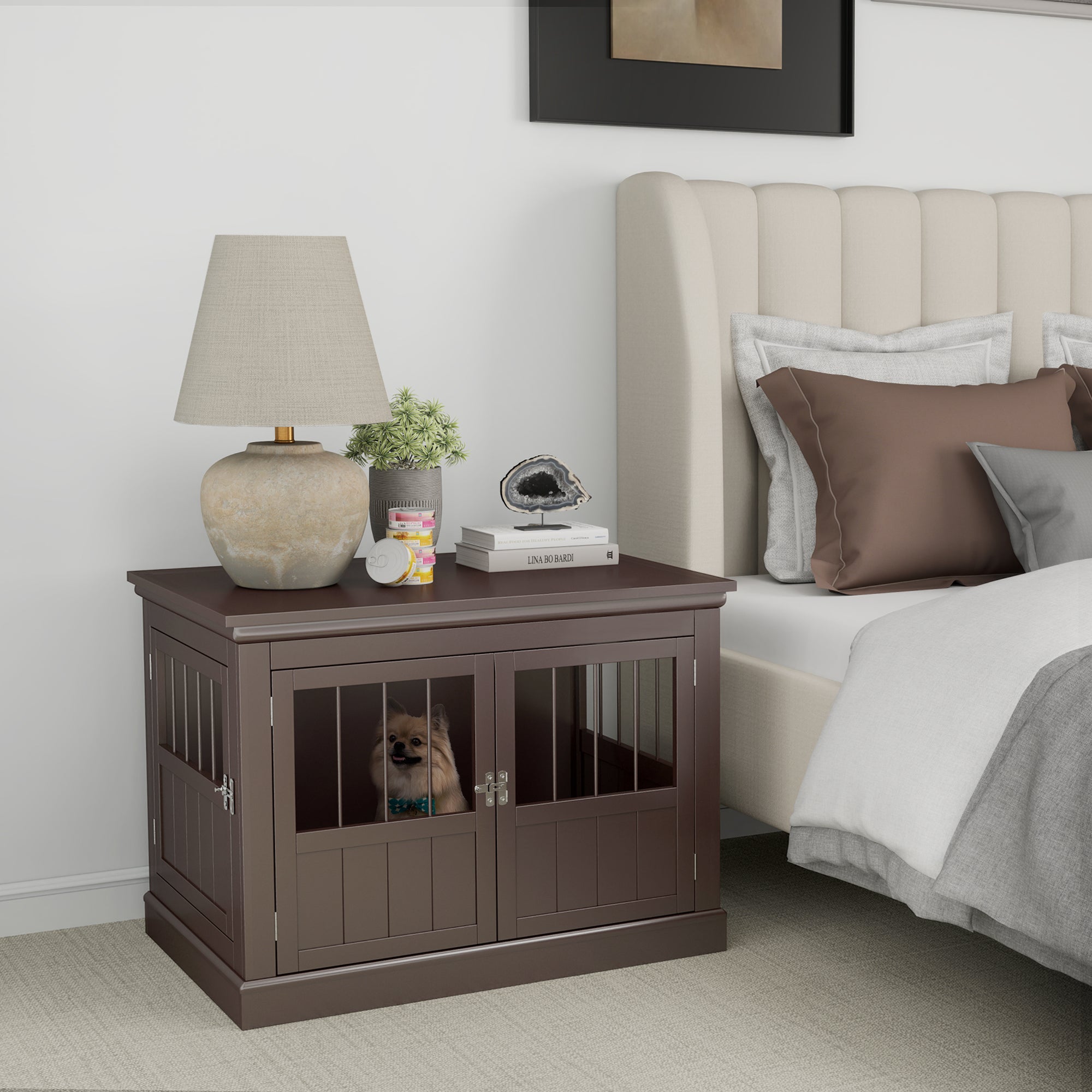 31" Dog Crate Furniture End Table with Three Doors for Small Dogs, Coffee