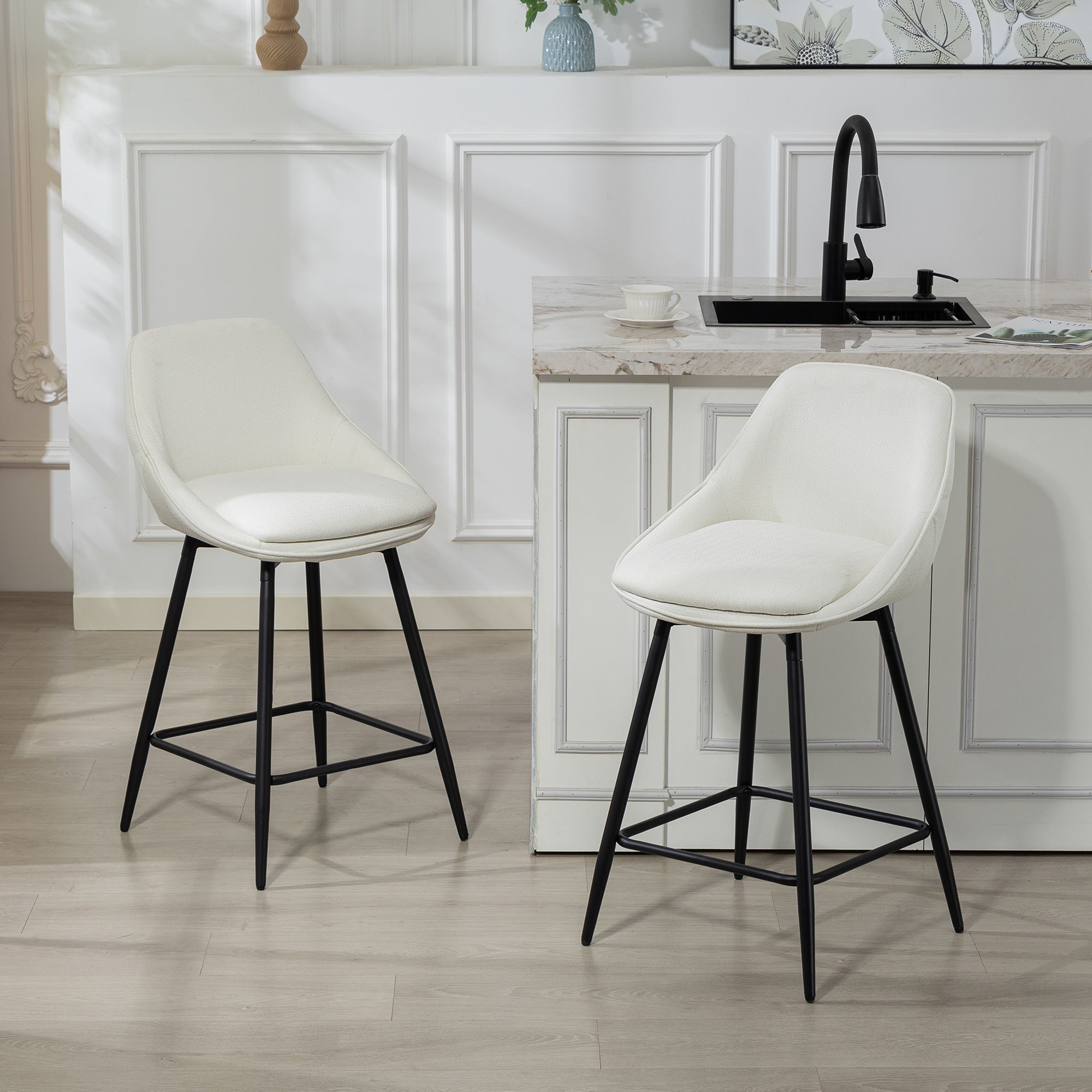 26" Counter Height Barstools Set of 2, Upholstered Swivel Bar Stools with Backrests and Armrests, Cream White