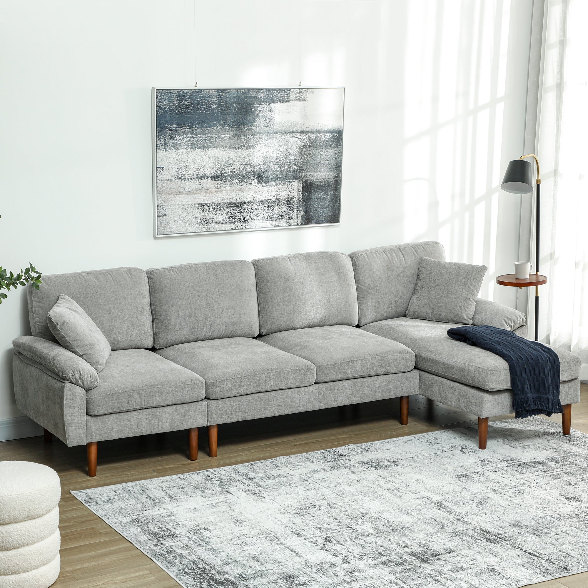 L-Shape Sofa, Modern Sectional Couch with Changeable Chaise Lounge, Pillows and Wooden Legs for Living Room, Grey