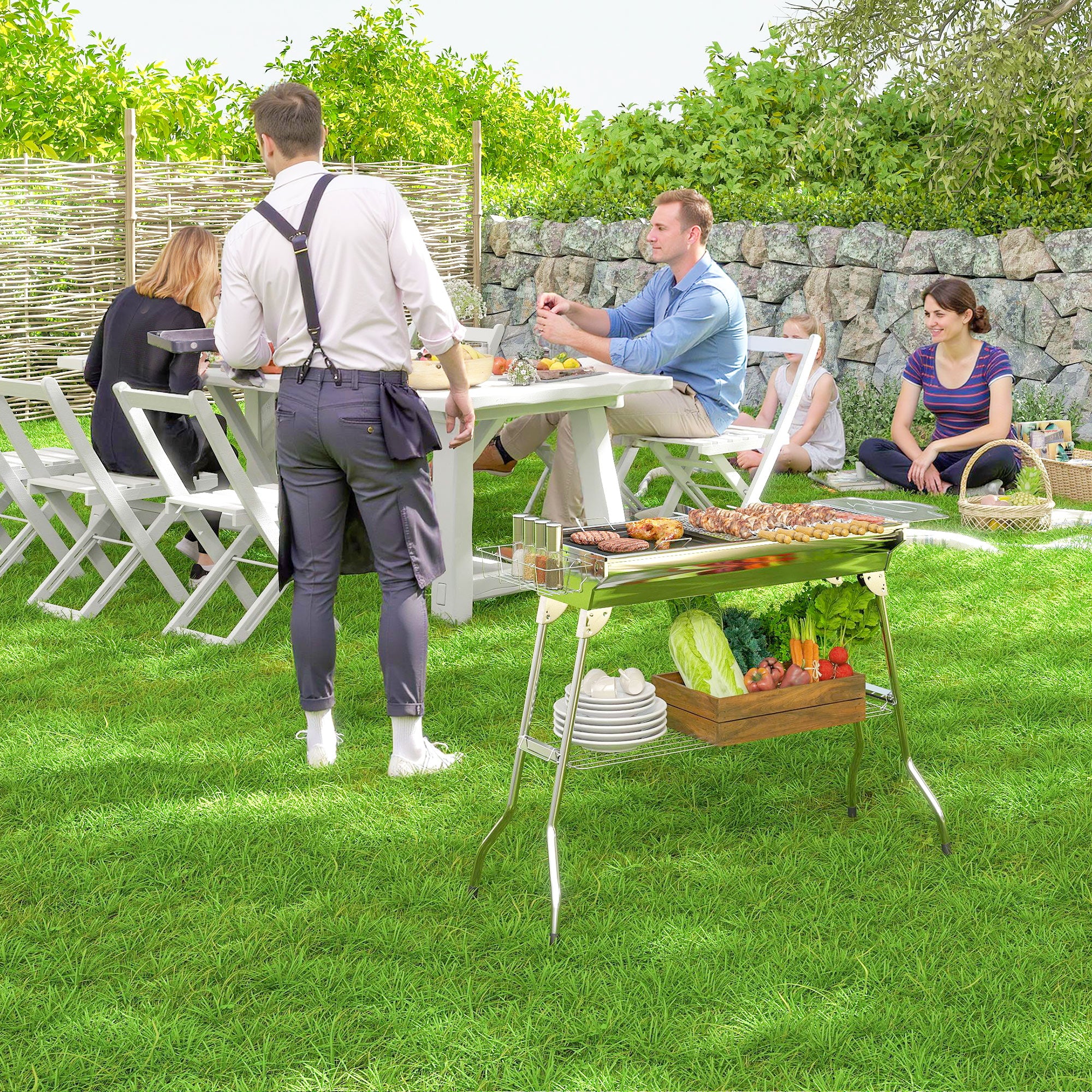 Stainless Steel Portable Charcoal Grill, Folding BBQ Grill with Shelf, Side Basket and Pan for Cooking, Camping, Travel