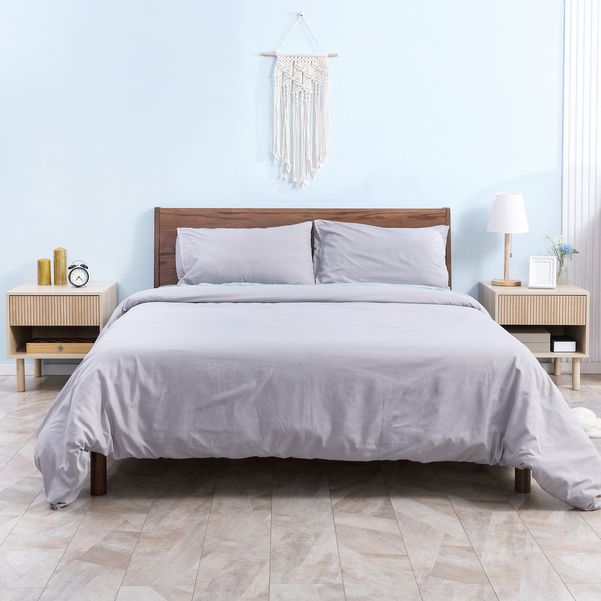 Set of 2 Bedroom Nightstands, Side Table with Storage Shelf and Drawer for Living Room, Bedroom, Natural Wood