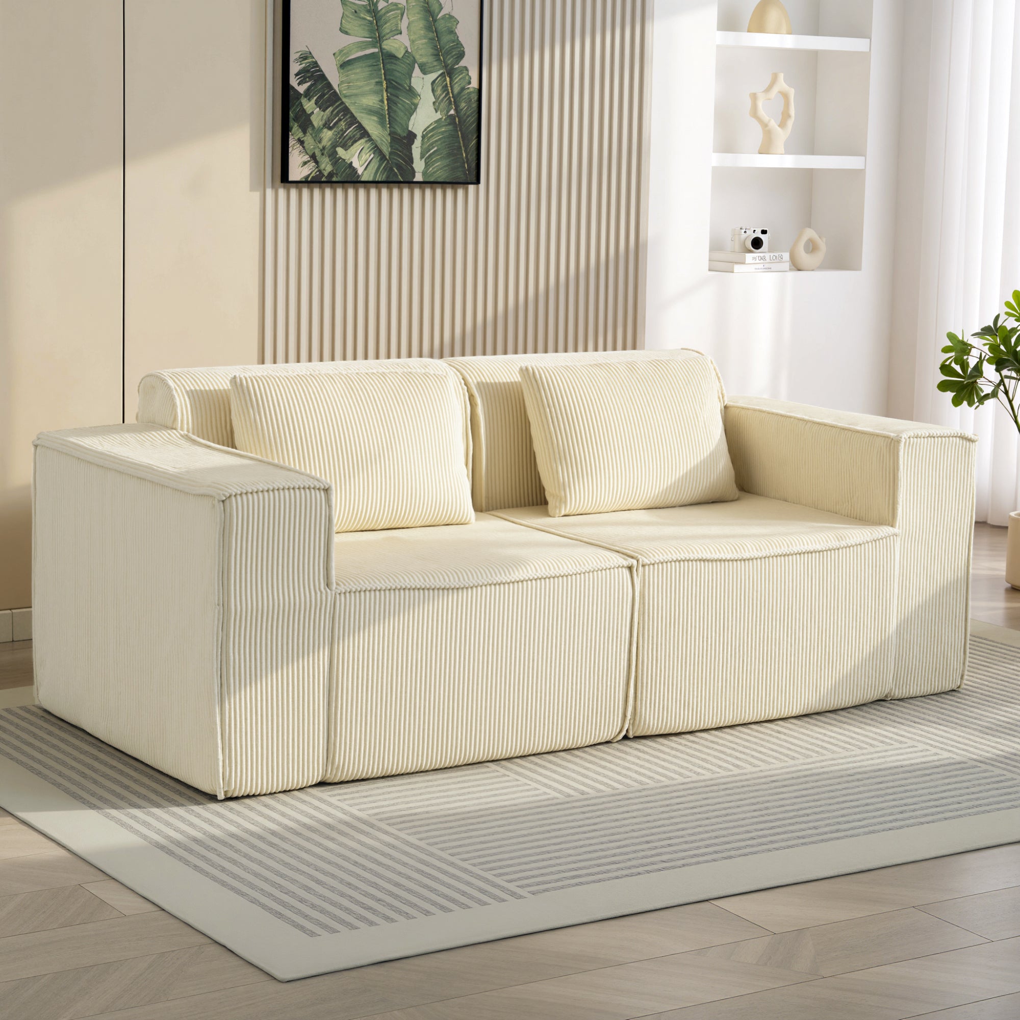 Boneless Couch, Corduroy 3 Seater Sofa with Deep Seat, Wide Armrests, 2 Pillows, Quick Assembly for Living Room, Beige