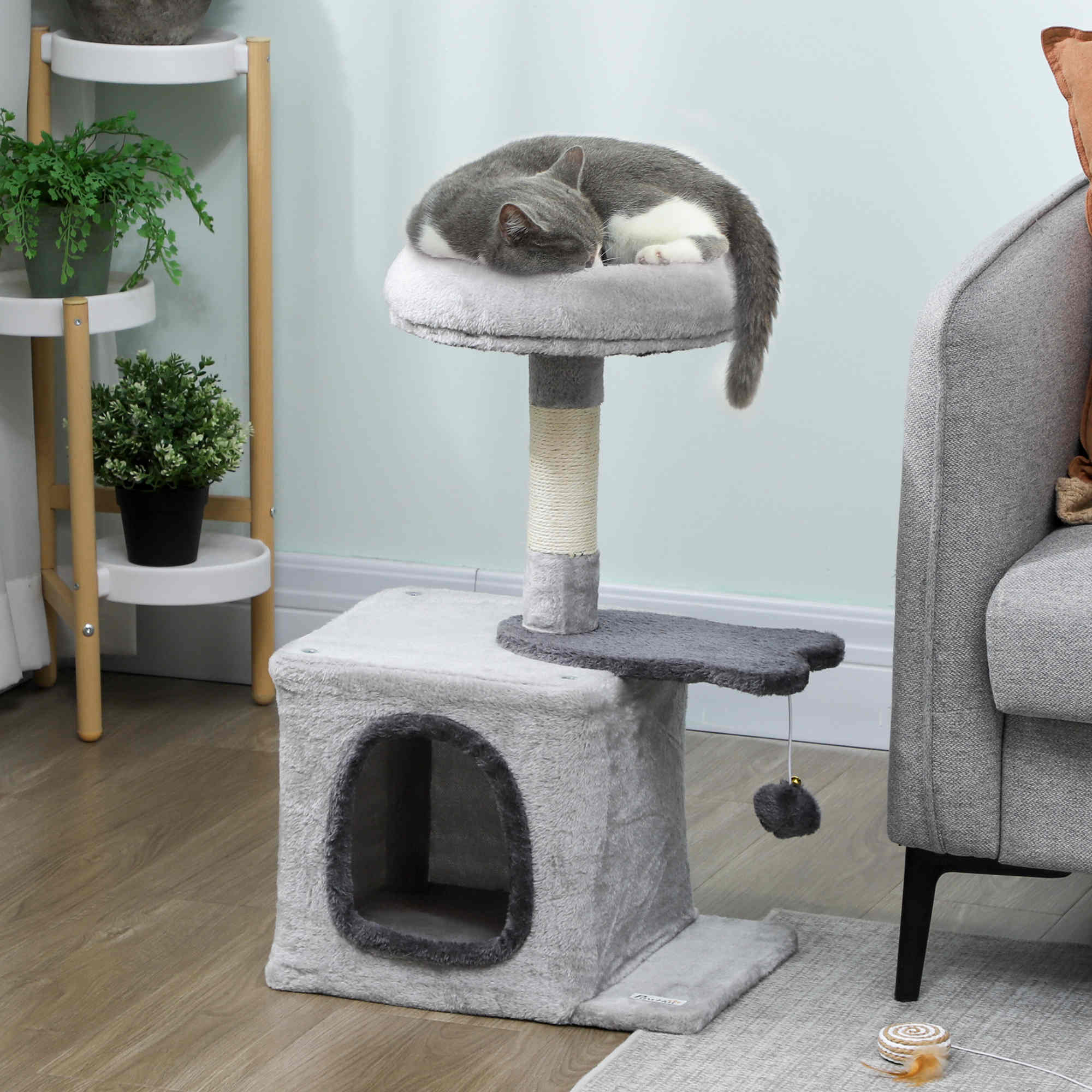 28" Cat Tree Tower with Plush Top Bed, Cozy Condo, Sisal Scratching Post, Perch, Dangling Ball, Light Grey