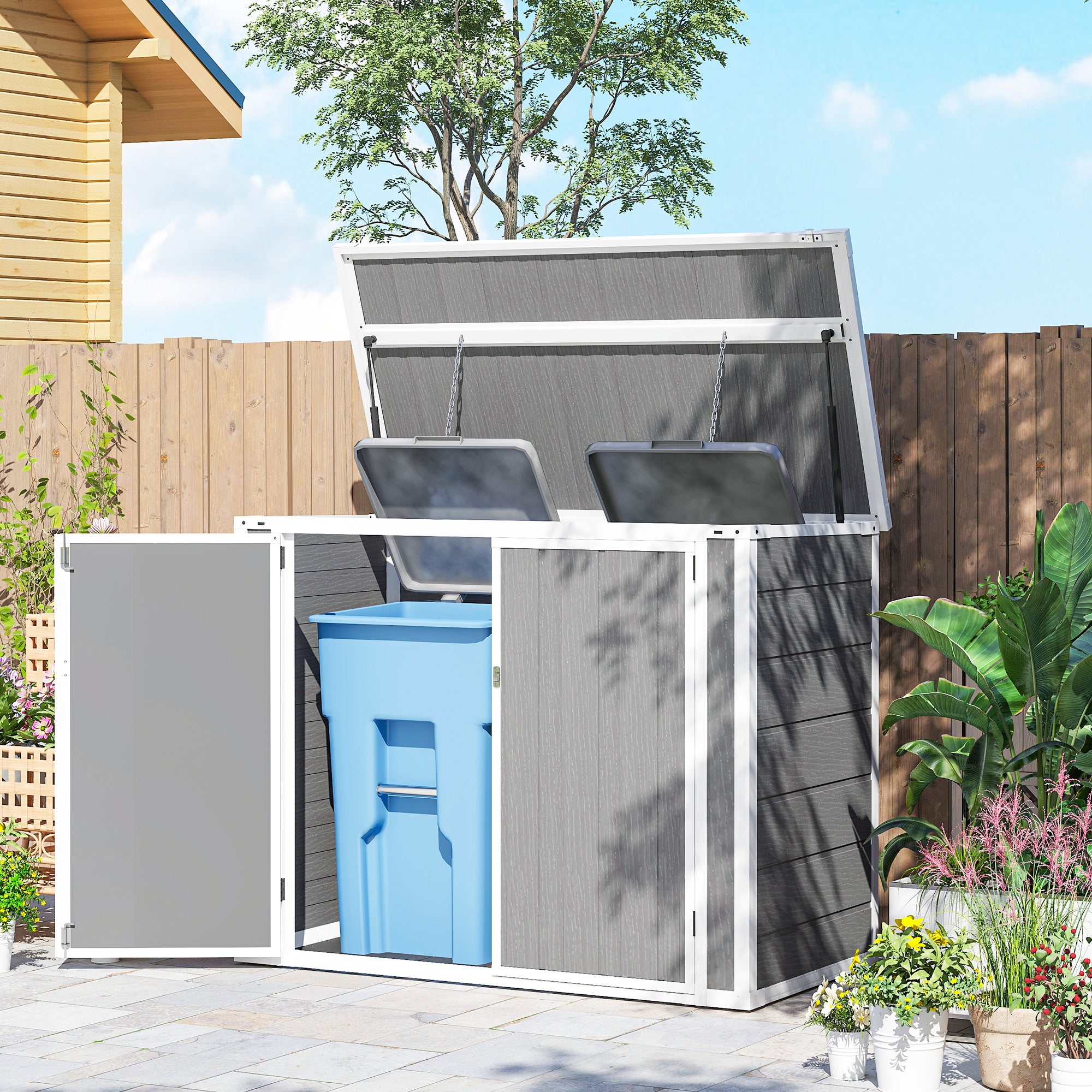 41 Cu. Ft. Outdoor Storage Shed, Outdoor Horizontal Trash Can Storage with Chain Lid, Lockable Storage Box, Grey