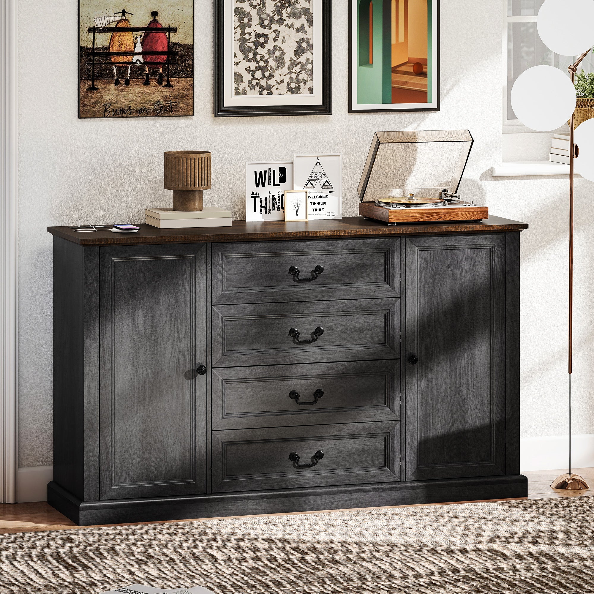 Farmhouse Sideboard with Charging Station, 58" Buffet Cabinet, Kitchen Storage Cabinet with 4 Drawers, 2 Doors, Black