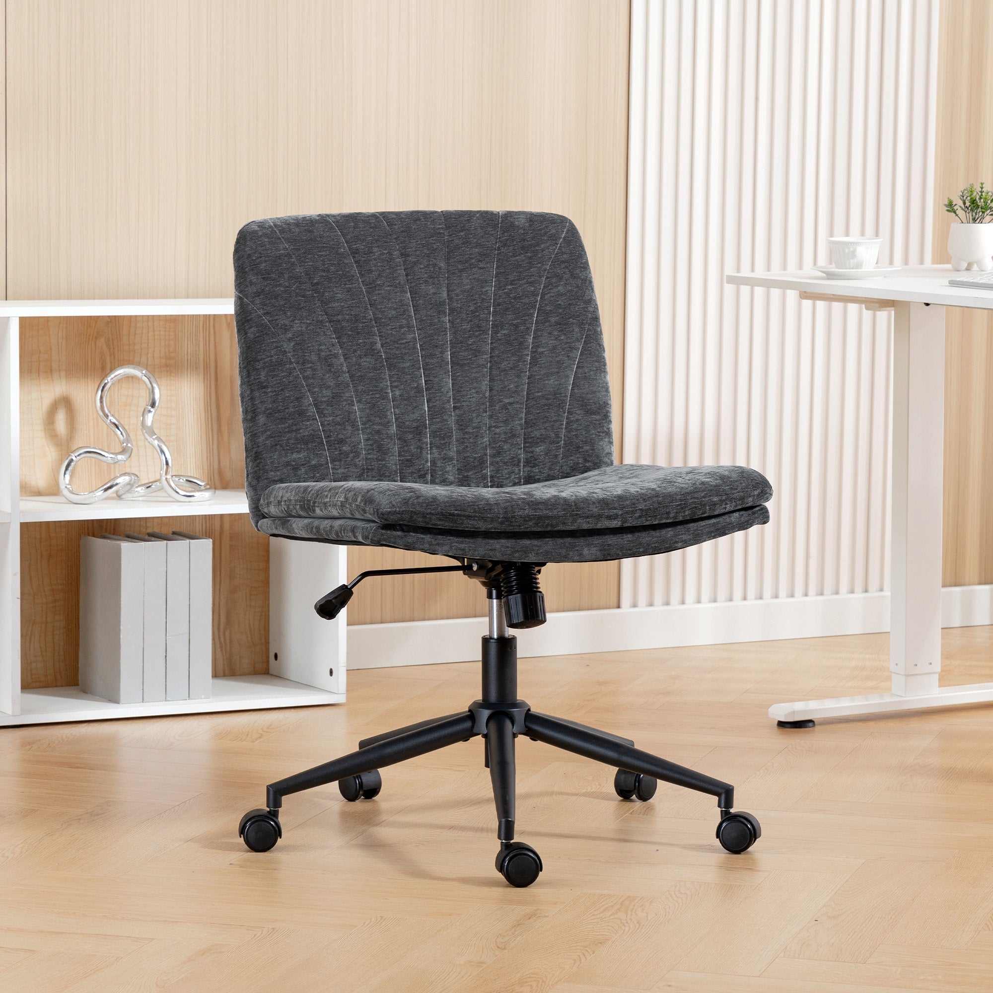 Criss Cross Chair with Wheels, Wide Office Chair with No Arms, Adjustable Height, Tilting, Grey