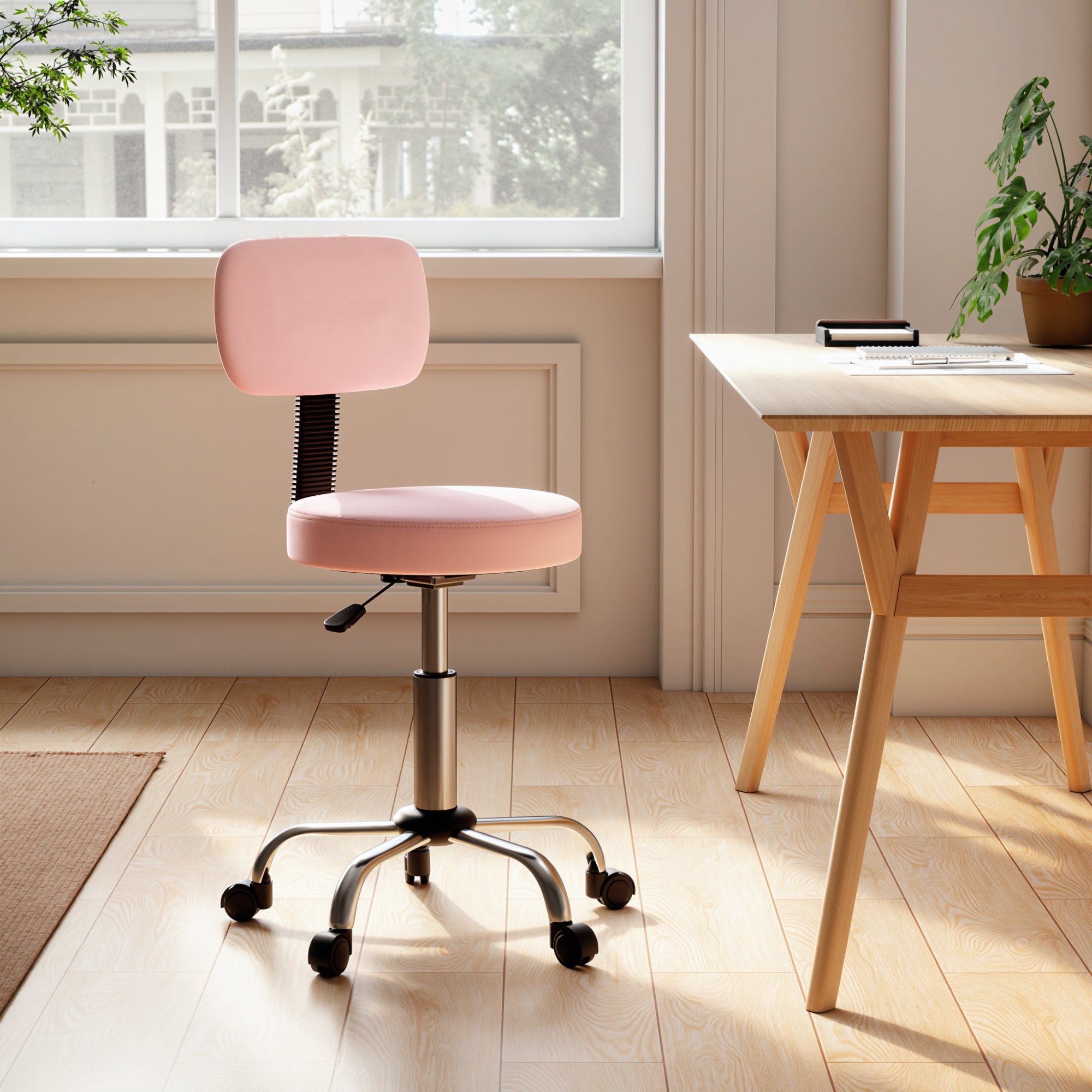 Adjustable Rolling Stool with Removable Backrest, Faux Leather Swivel Stool Chair for Salon Spa, Bar, Massage, Pink