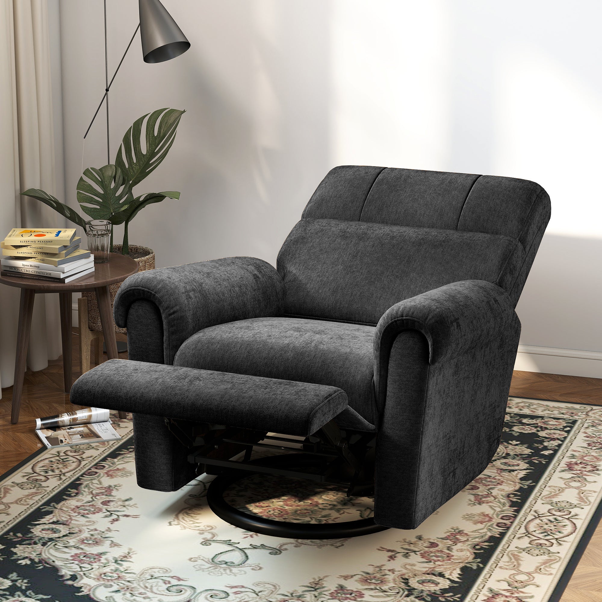 Power Recliner Chair, Fabric Upholstered Recliner Chair with USB Ports, Swivel and Rocking Function, Footrest, Black