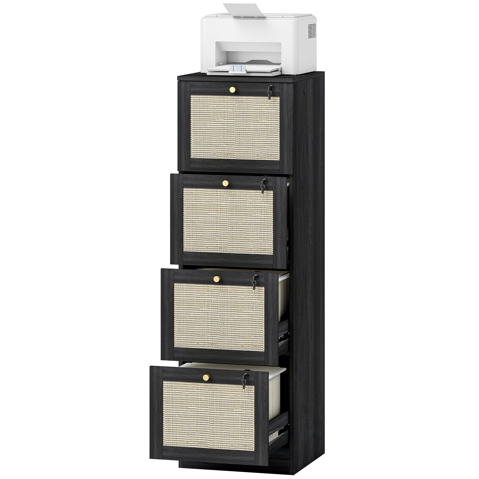 4 Drawer Filing Cabinet with Lock, Boho File Cabinet for A4 Letter Size Files with Decorative Rattan Accents, Black