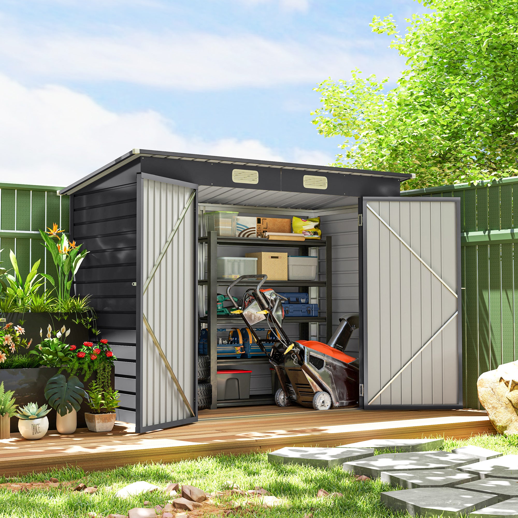 8 x 4FT Galvanized Garden Storage Shed, Metal Outdoor Shed with Double Doors and 2 Vents, Grey