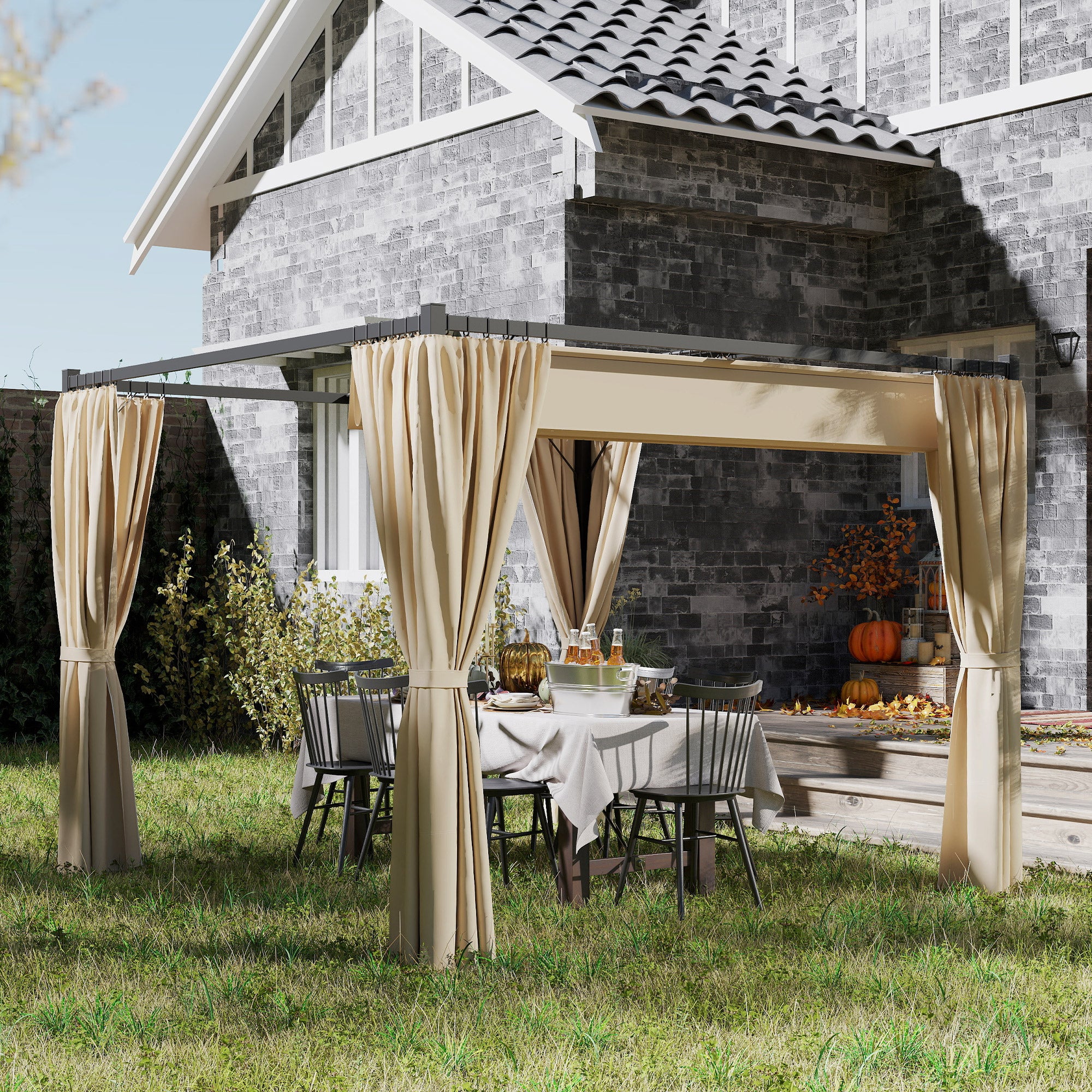 10' x 10' Retractable Pergola Canopy with Sidewalls, Metal Outdoor Gazebo Sun Shade Shelter, Beige