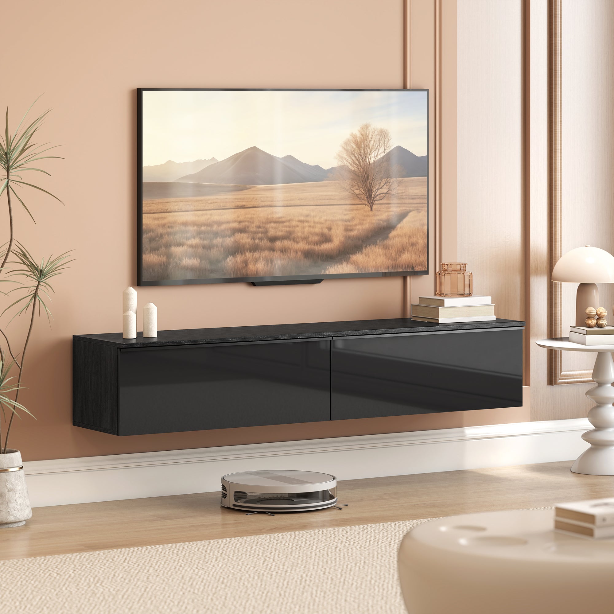 Wall Mounted TV Stand, Floating TV Cabinet with Storage, for TVs up to 70", High Gloss Effect, Black