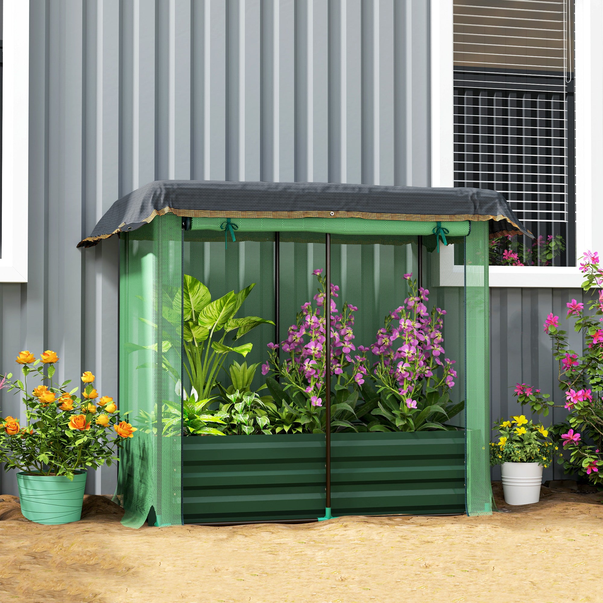 Galvanized Steel Planter Box with Crop Cage and Shade Cloth, Raised Garden Bed for Flowers, Vegs and Herbs