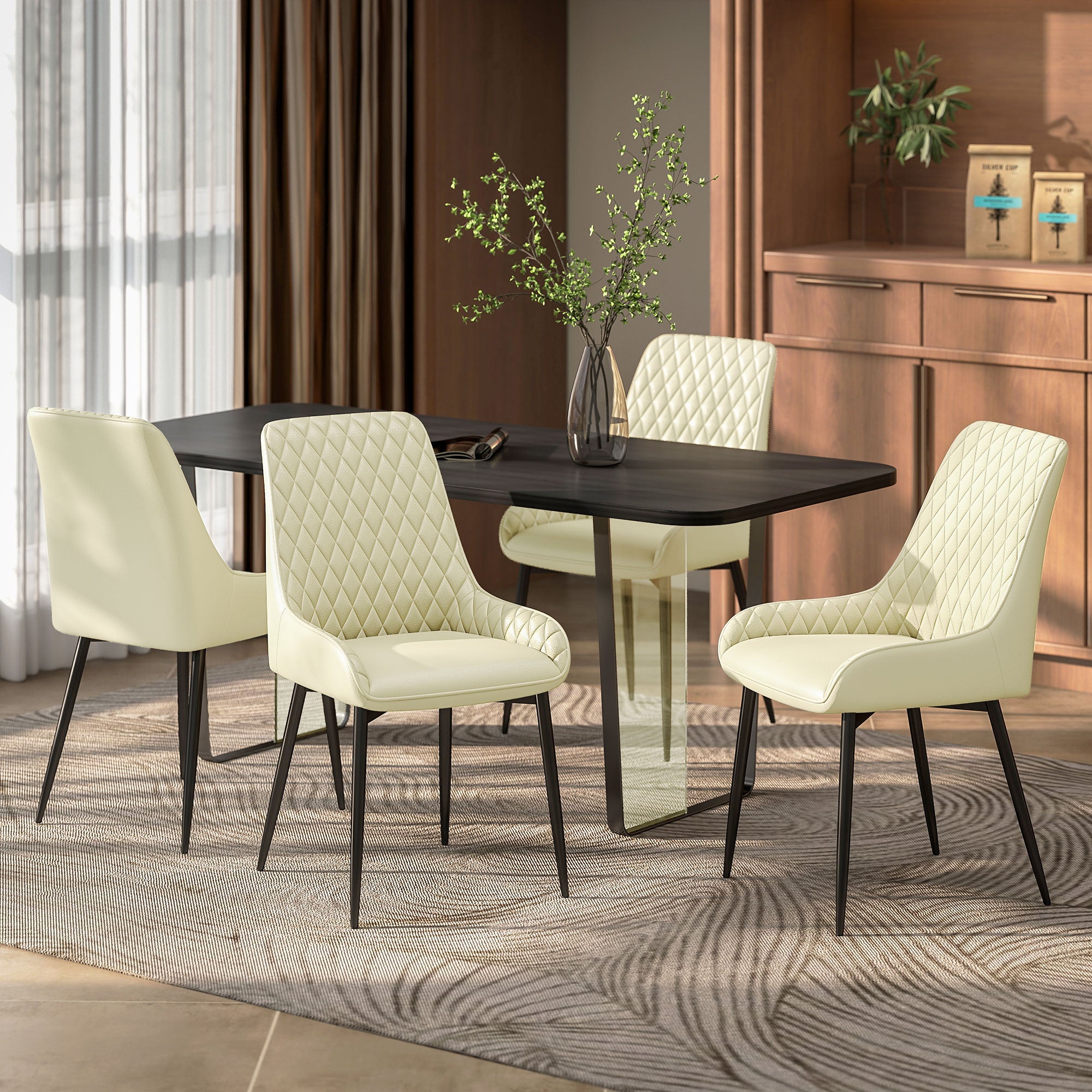 Upholstered Kitchen Chairs, Modern Dining Chairs Set of 4 with Diamond Tufting and Steel Legs for Dining Room, Cream
