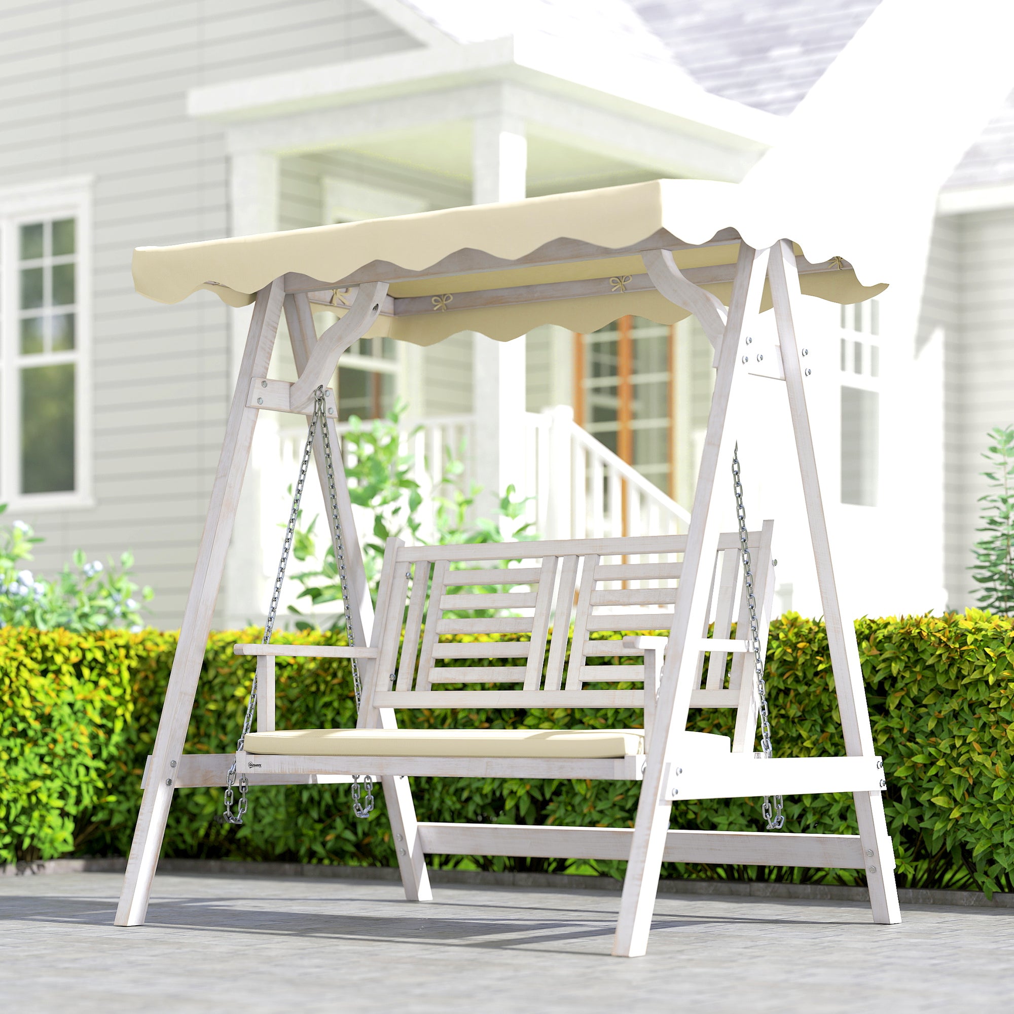 2 Seater Patio Swing with Stand, Canopy and Cushion, Outdoor Swing Chair Wooden Swinging Bench