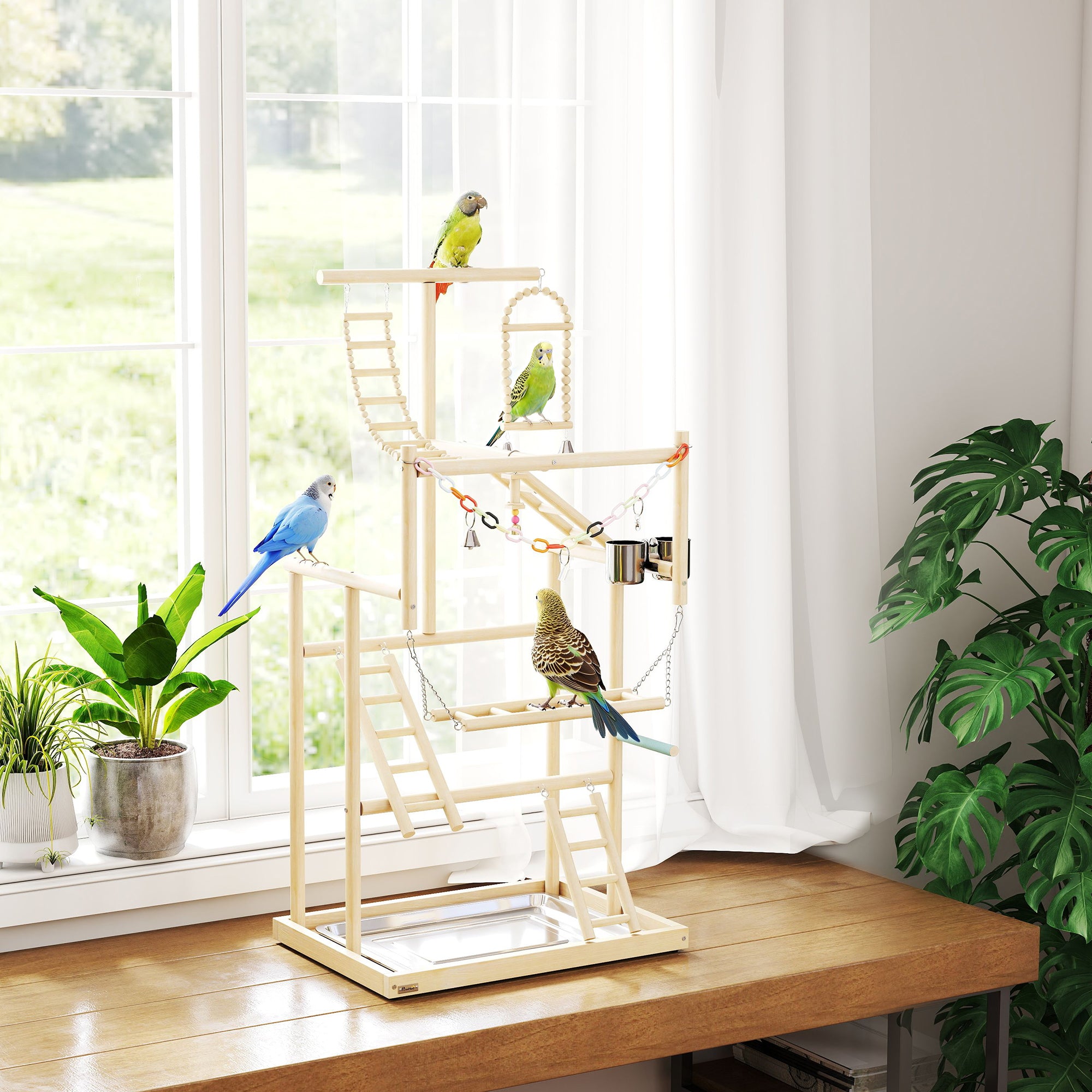 Bird Playground, 4 Layer Wooden Play Stand with Ladders, Chain Toy, Stainless Steel Cups and Tray for Small Birds