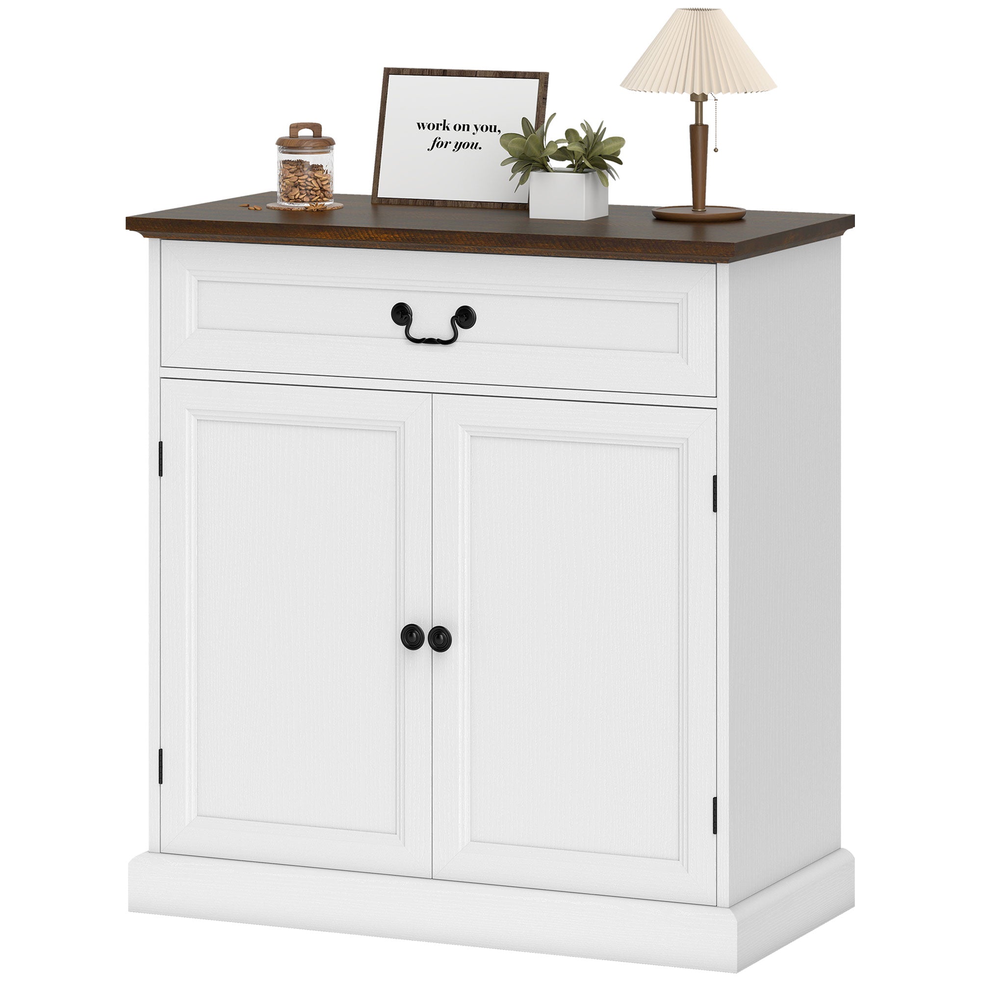 Buffet Cabinet, 32" Farmhouse Sideboard with Thick Top, Quiet Drawer and Adjustable Shelf, White Wood Grain