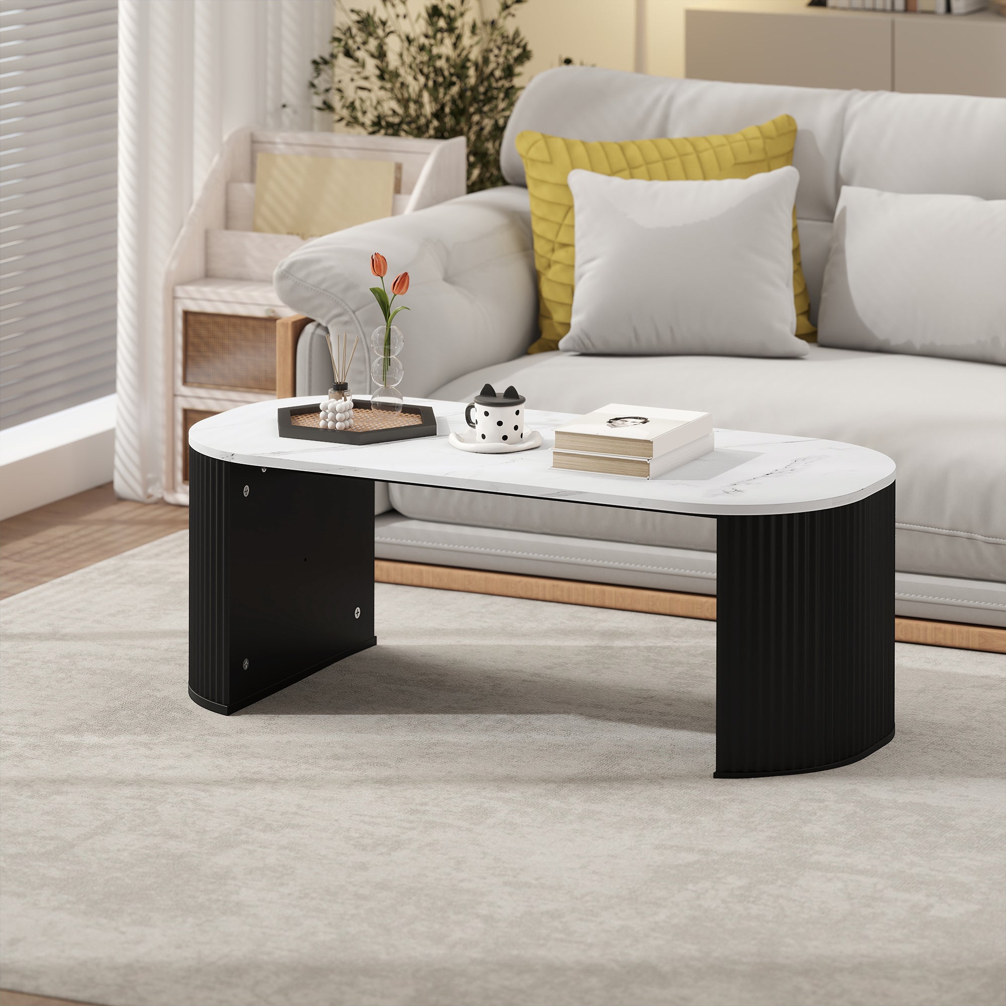 Coffee Table, Modern Marble-Effect Living Room Table with Round Corners and Thicken Legs, Black