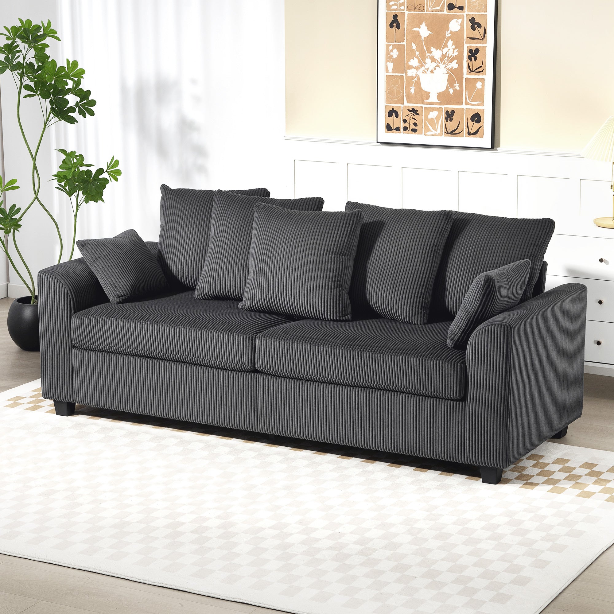 Corduroy Couch, 3 Seater Sofa, Modern Upholstered Couch with Curved Armrests and 8 Removable Pillows, Dark Grey