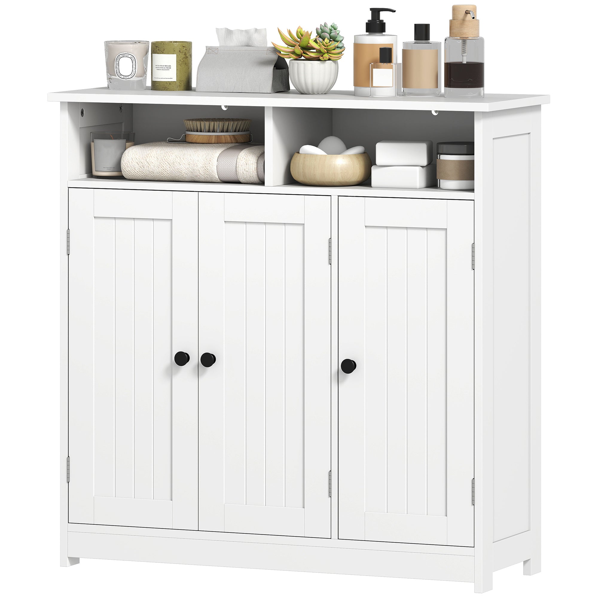 Bathroom Floor Cabinet, Freestanding Bathroom Storage Unit with 3 Doors, 2 Open Shelves and Adjustable Shelf, White