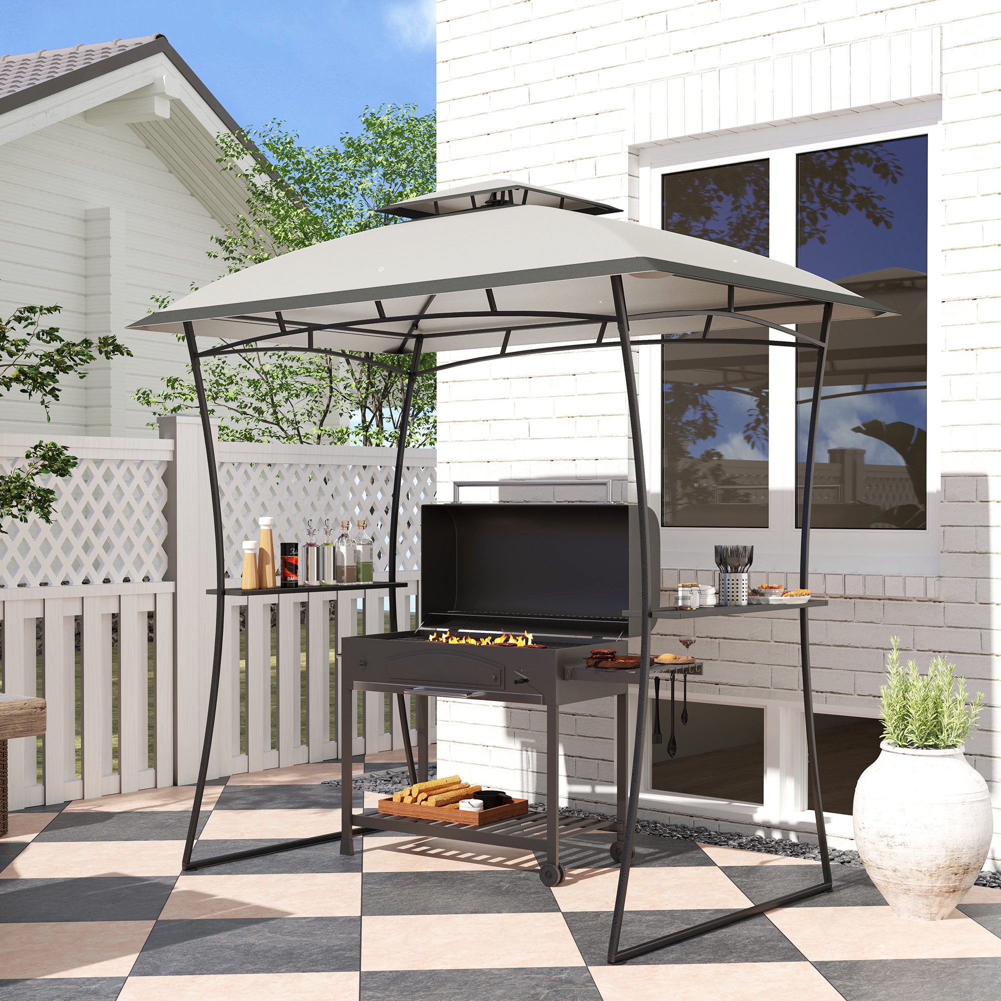 8' x 5' Outdoor Grill Gazebo, Double Tiered Barbecue Grill Gazebo Shelter with 2 Side Shelves and Hook, Light Grey