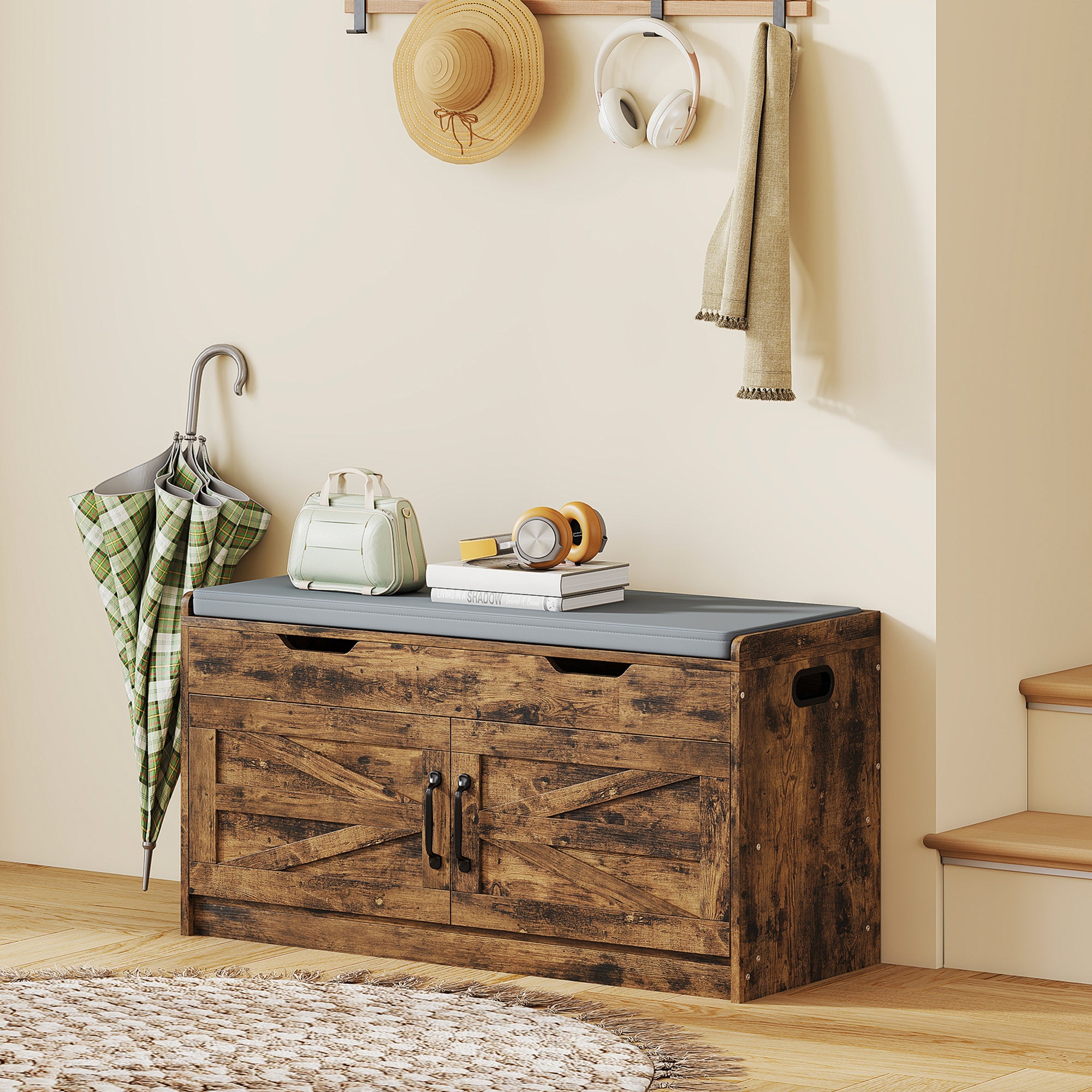 Shoe Storage Bench, Entryway Bench with 2-Tier Cabinet, Flip-Top Storage, Padded Cushion for Hallway, Rustic Brown