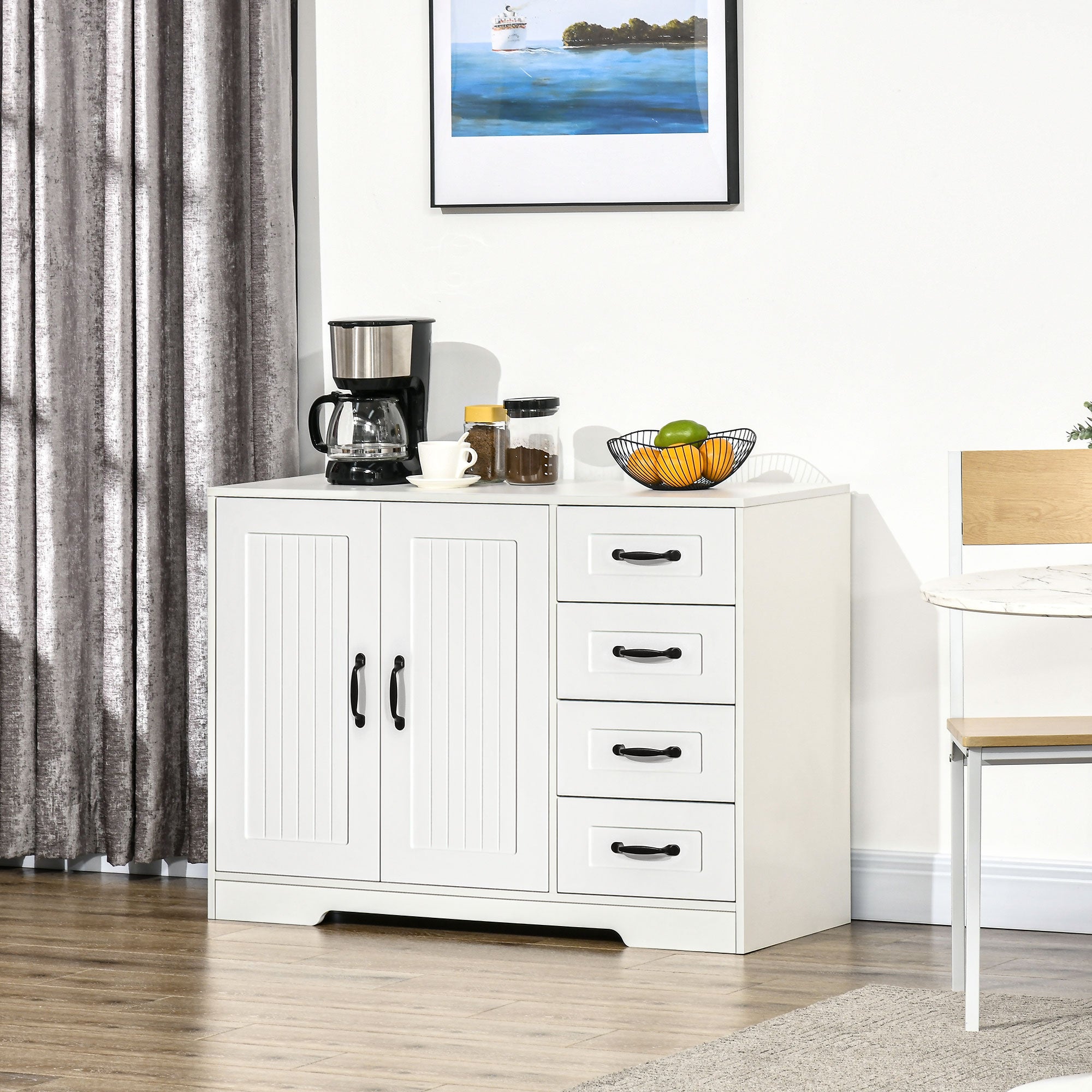 Modern Sideboard Buffet Cabinet with Drawers and Beadboard Door Cupboard Kitchen Storage Cabinet White