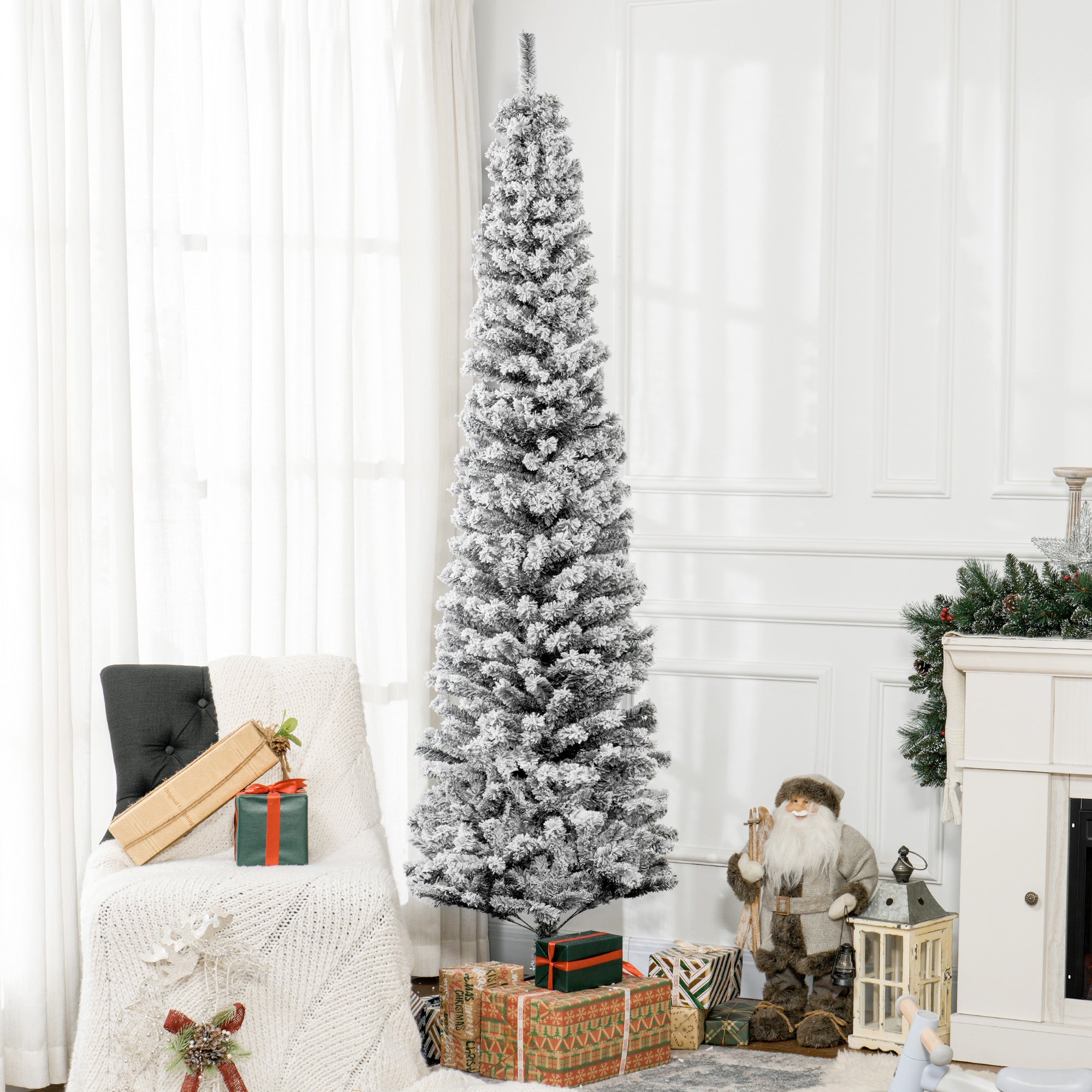 7.5ft Flocked Christmas Tree, Pencil Christmas Tree with Realistic Branch Tips, Folding Metal Stand, Black