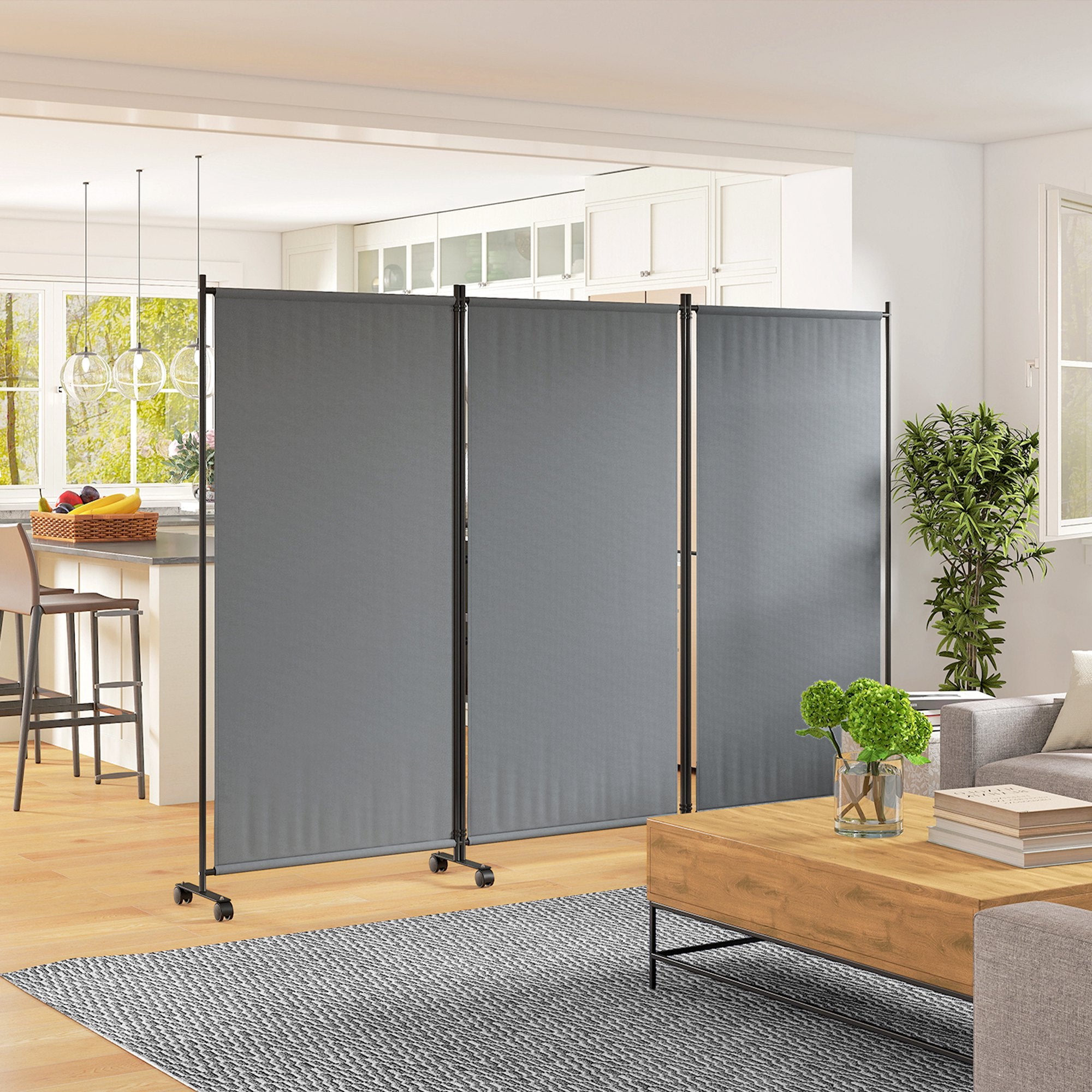 Folding Room Divider with Castor Wheels, Rolling Privacy Screen for Home Office Bedroom, 6ft Tall