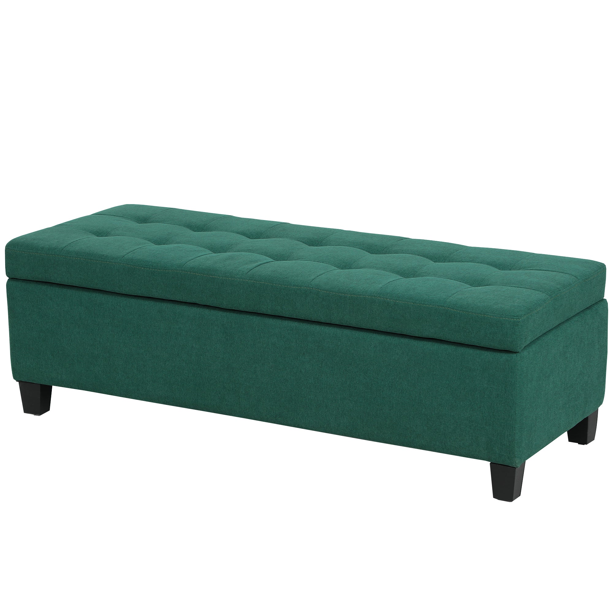 Rectangular Entry Bench, Tufted Upholstered Linen Fabric Wood Feet Storage Ottoman Bench, Dark Green