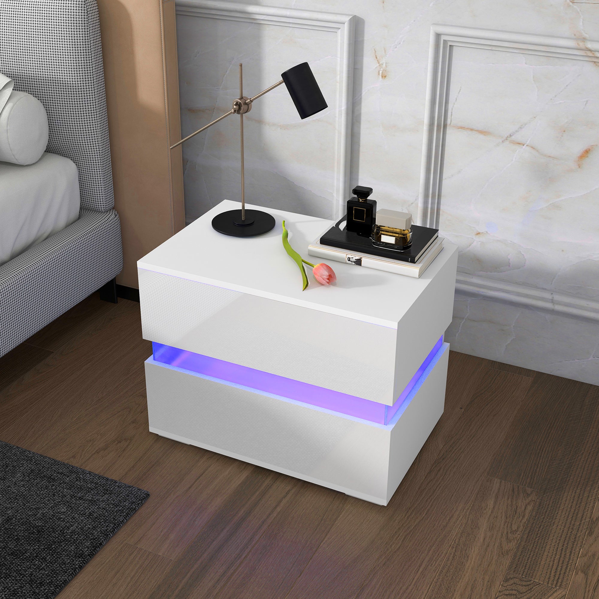Modern Nightstand, Bedside Table with 2 Drawers, USB Powered RGB LED Lights for Bedroom, White