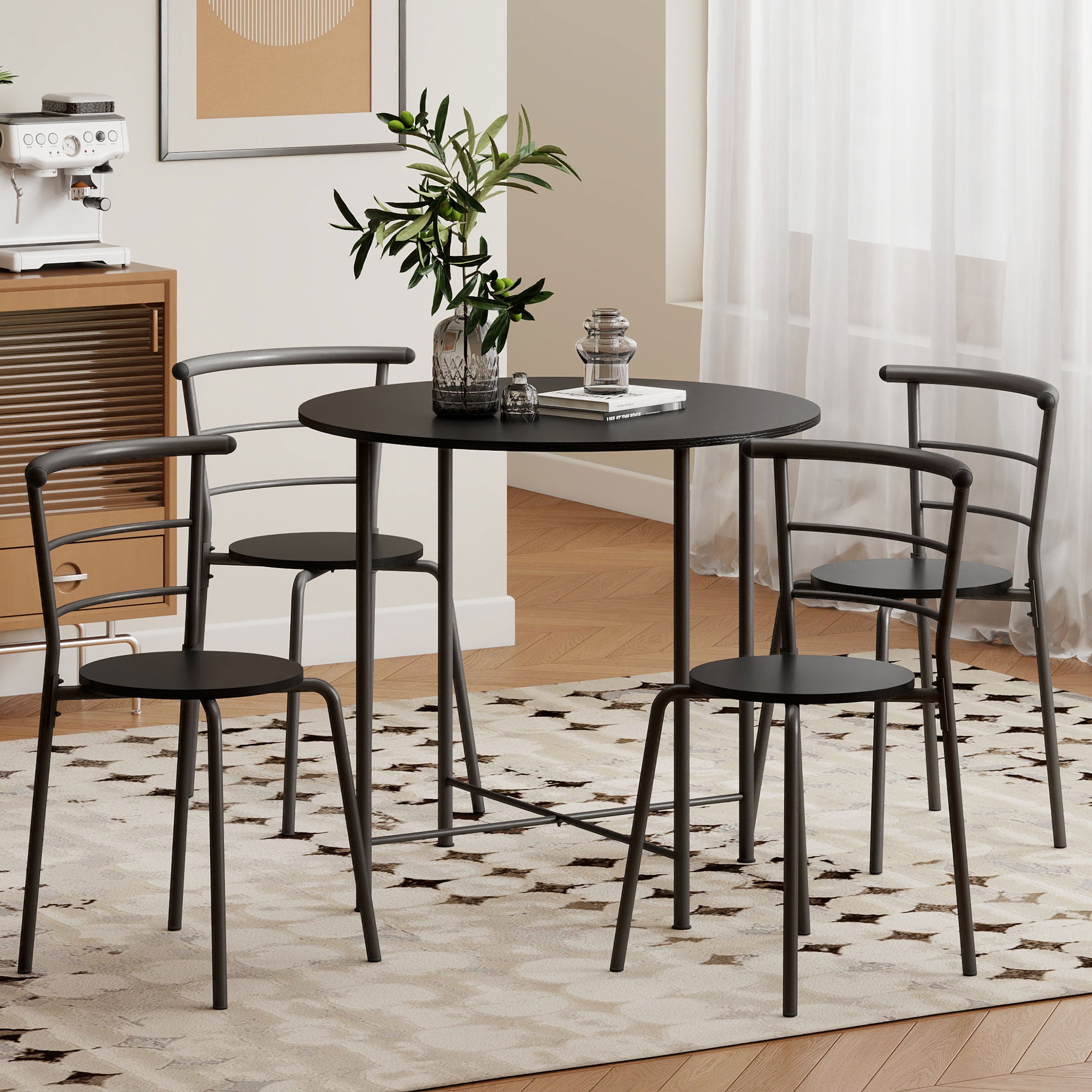 5 Piece Dining Table Set, Space Saving Round Dining Set for 4 with Metal Frame for Small Spaces, Black Wood Grain