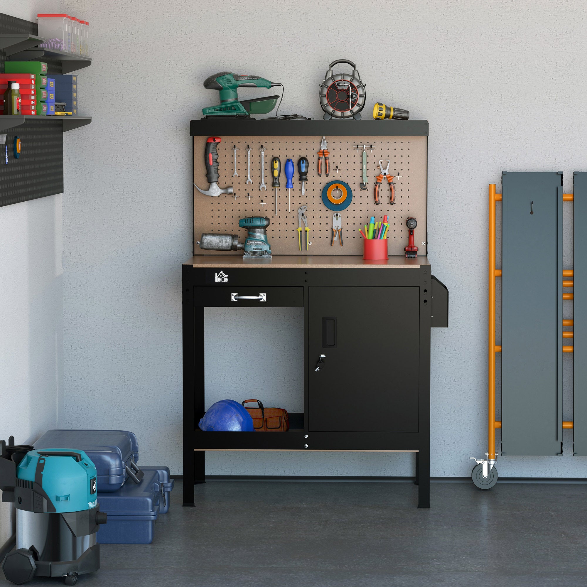 Multipurpose Tool Workbench for Garage, Garage Bench with Storage Drawer, Peg Board, Lockable Cabinet