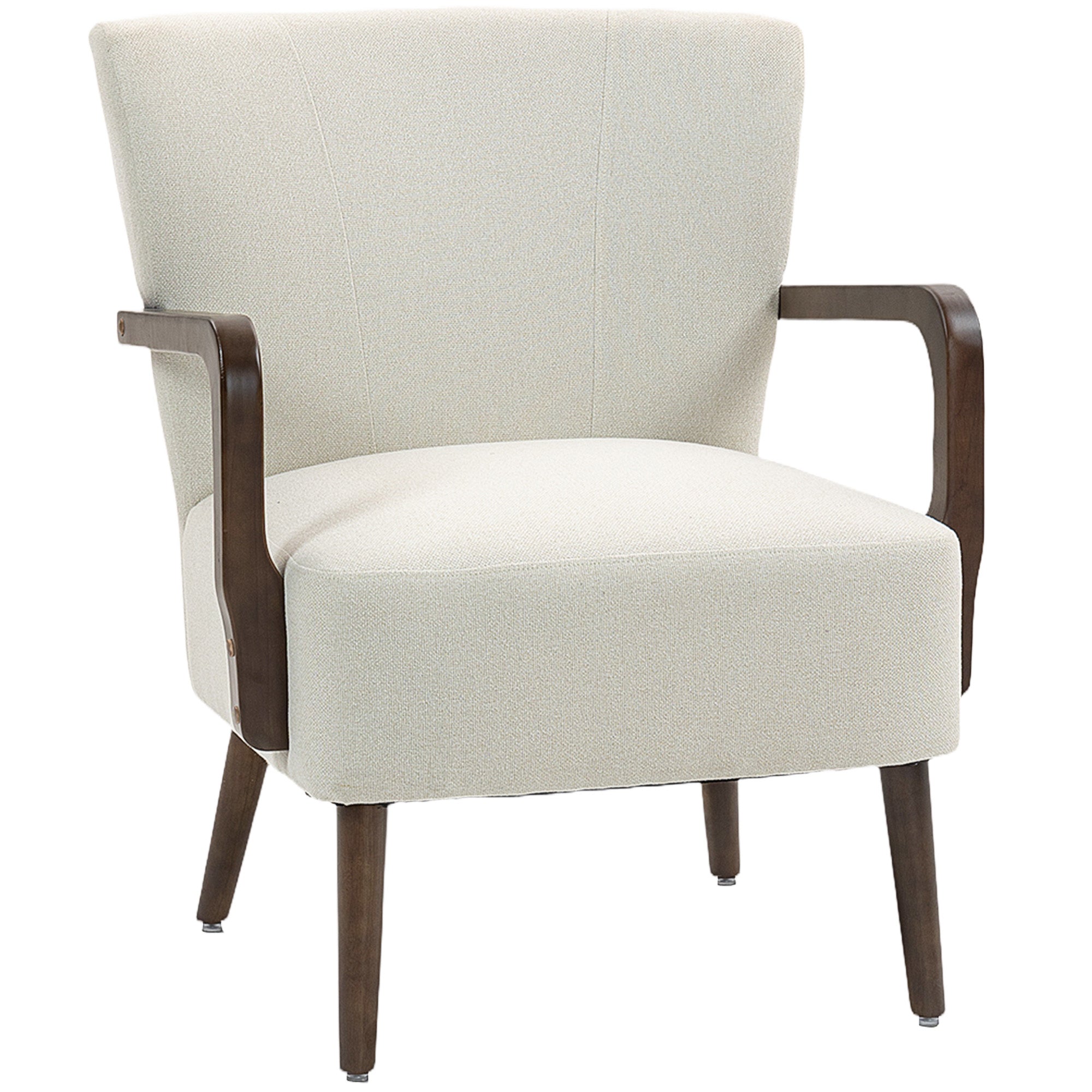 Accent Chair with Wooden Legs, Linen Fabric Armchair with Thick Padding, Comfy Chair for Living Room, Cream White