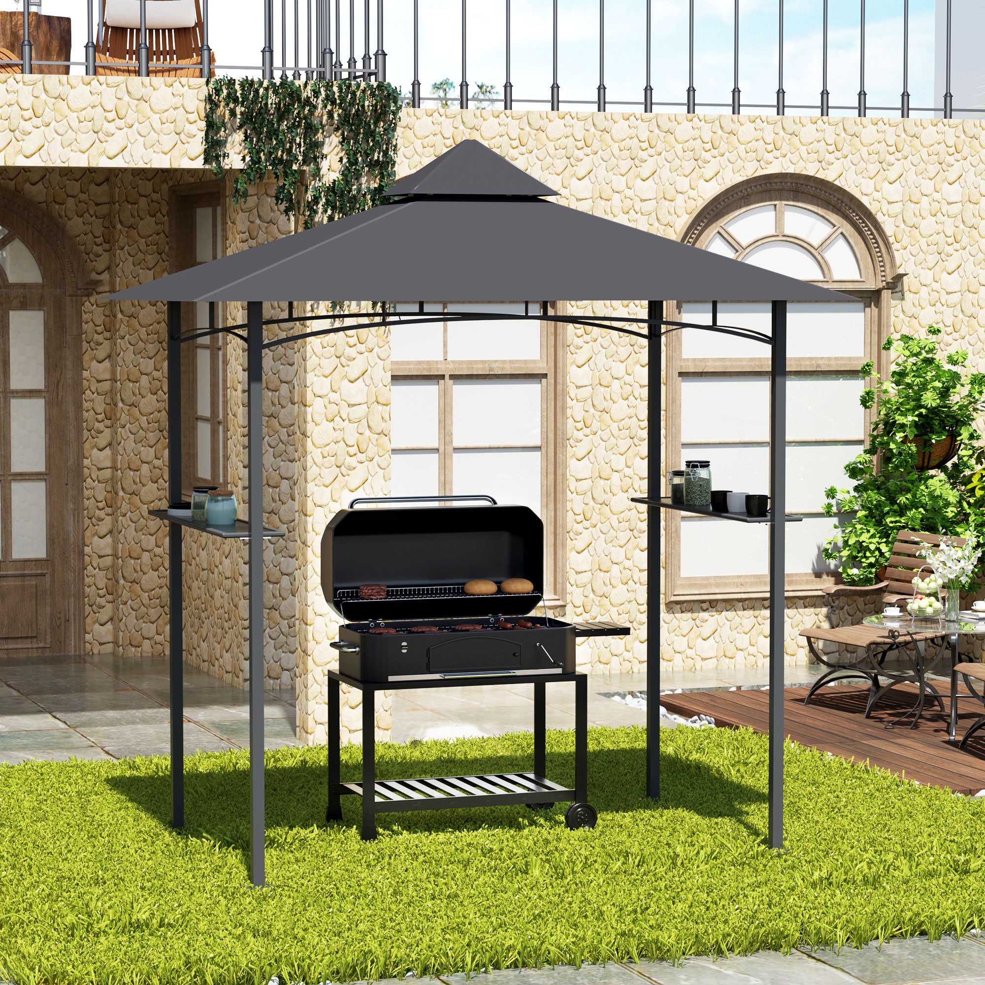 8' x 5' BBQ Grill Gazebo Tent with Double Tiered Canopy for Outdoor Sun Shade, Grey