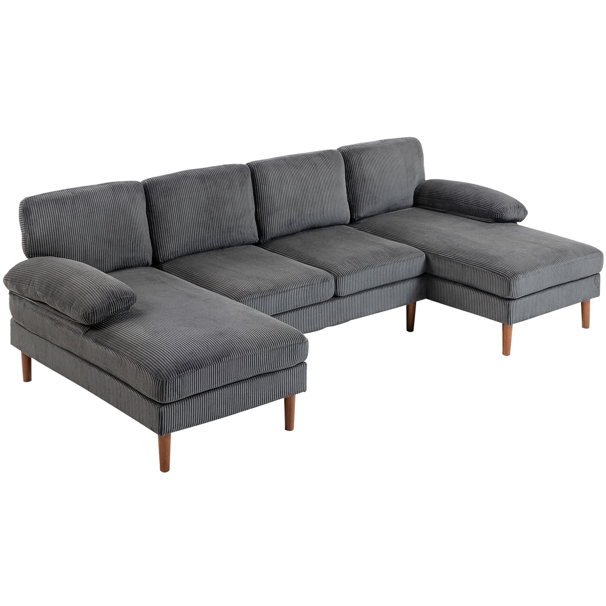 U Shape Couch with Double Chaise Lounge, Modern 4 Seater Sofa with Wooden Legs, Fabric Sofa for Living Room, Dark Grey