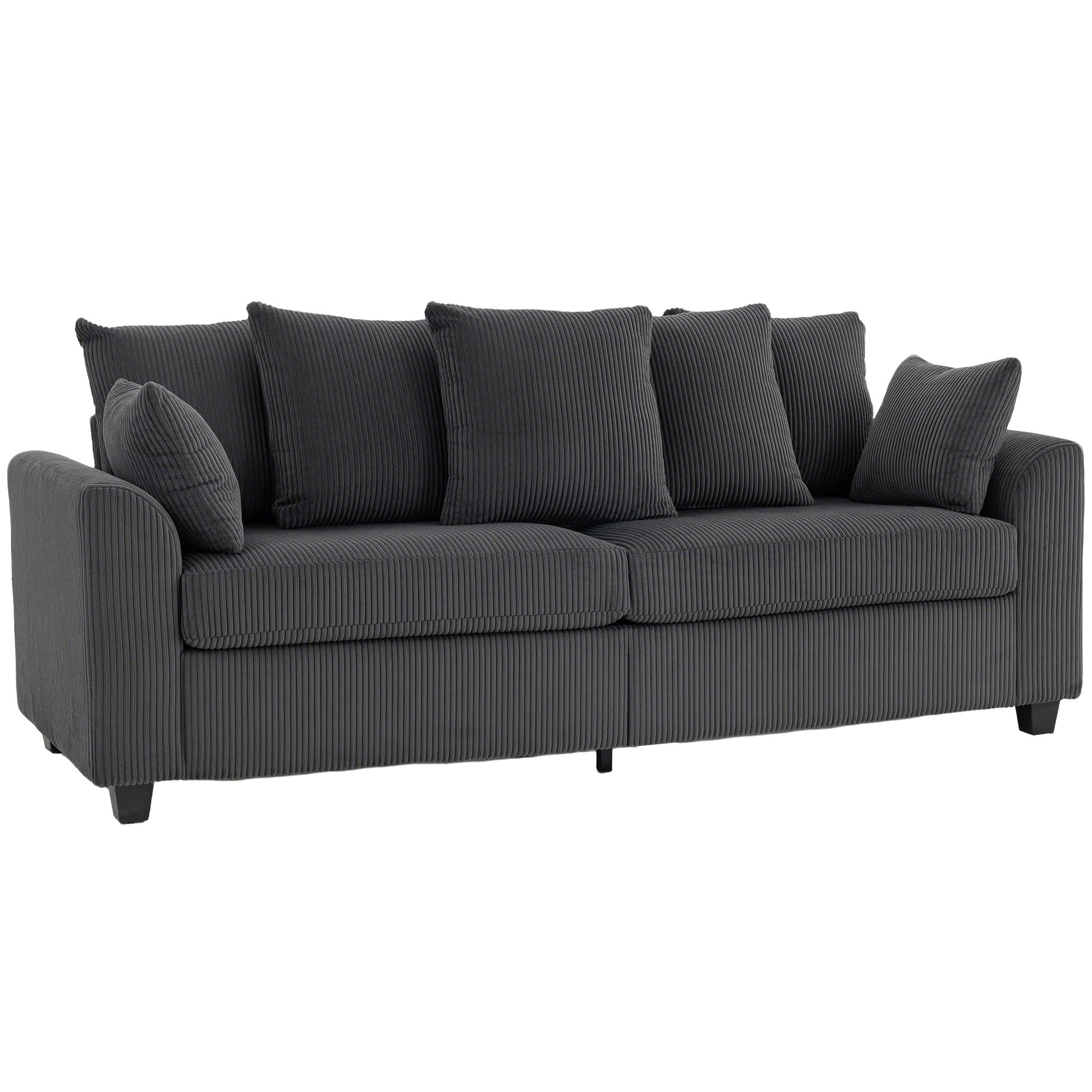 Corduroy Couch, 3 Seater Sofa, Modern Upholstered Couch with Curved Armrests and 8 Removable Pillows, Dark Grey