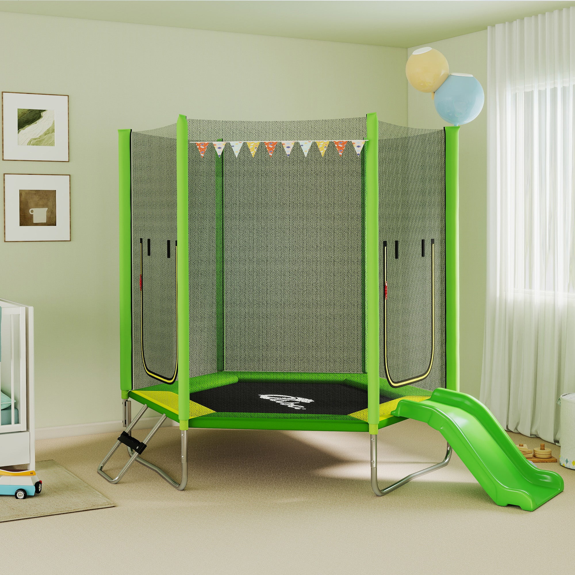 Qaba 85" Trampoline for Kids with Safety Enclosure, Toddler Trampoline with Slide Ladder for Ages 3+, Green