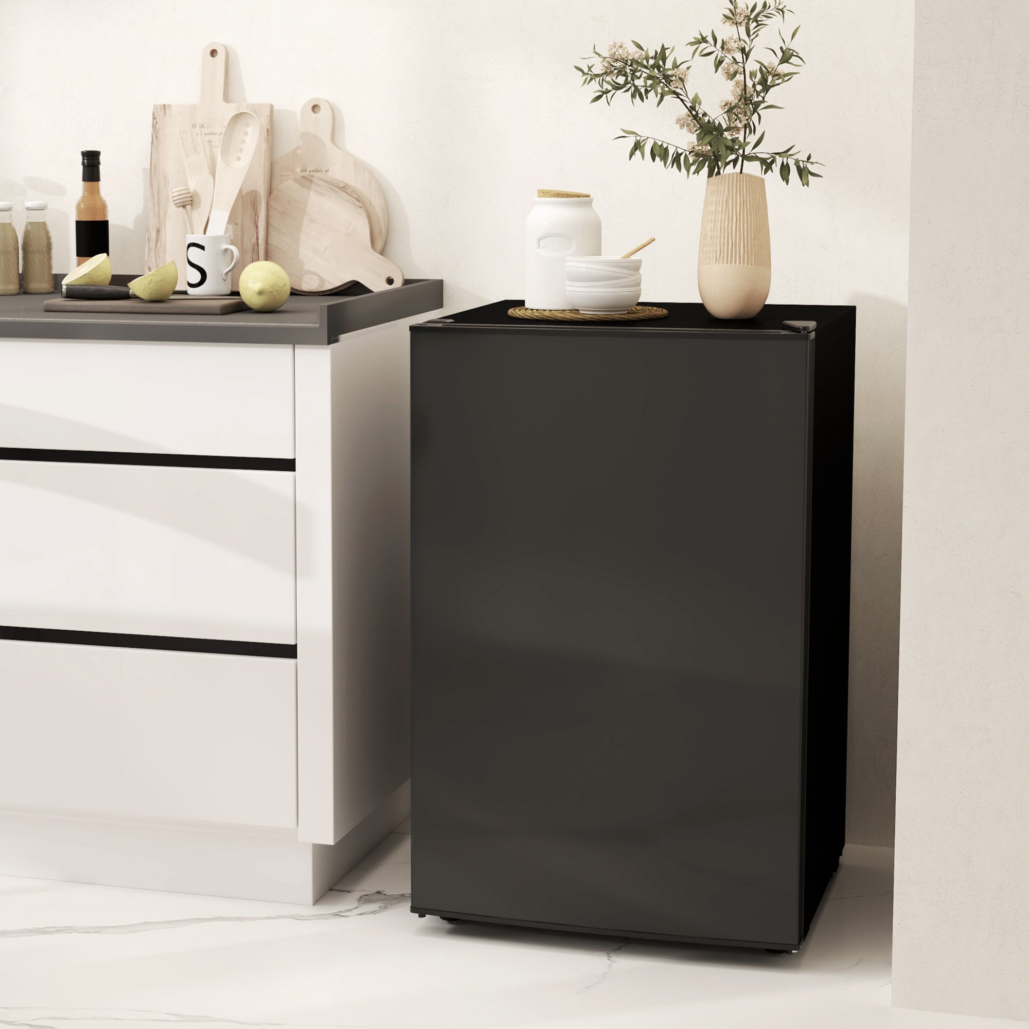 4.5 Cu Ft Mini Fridge with Freezer, Wheels, Single Door Refrigerator, Adjustable Thermostat, Reversible Door, Black