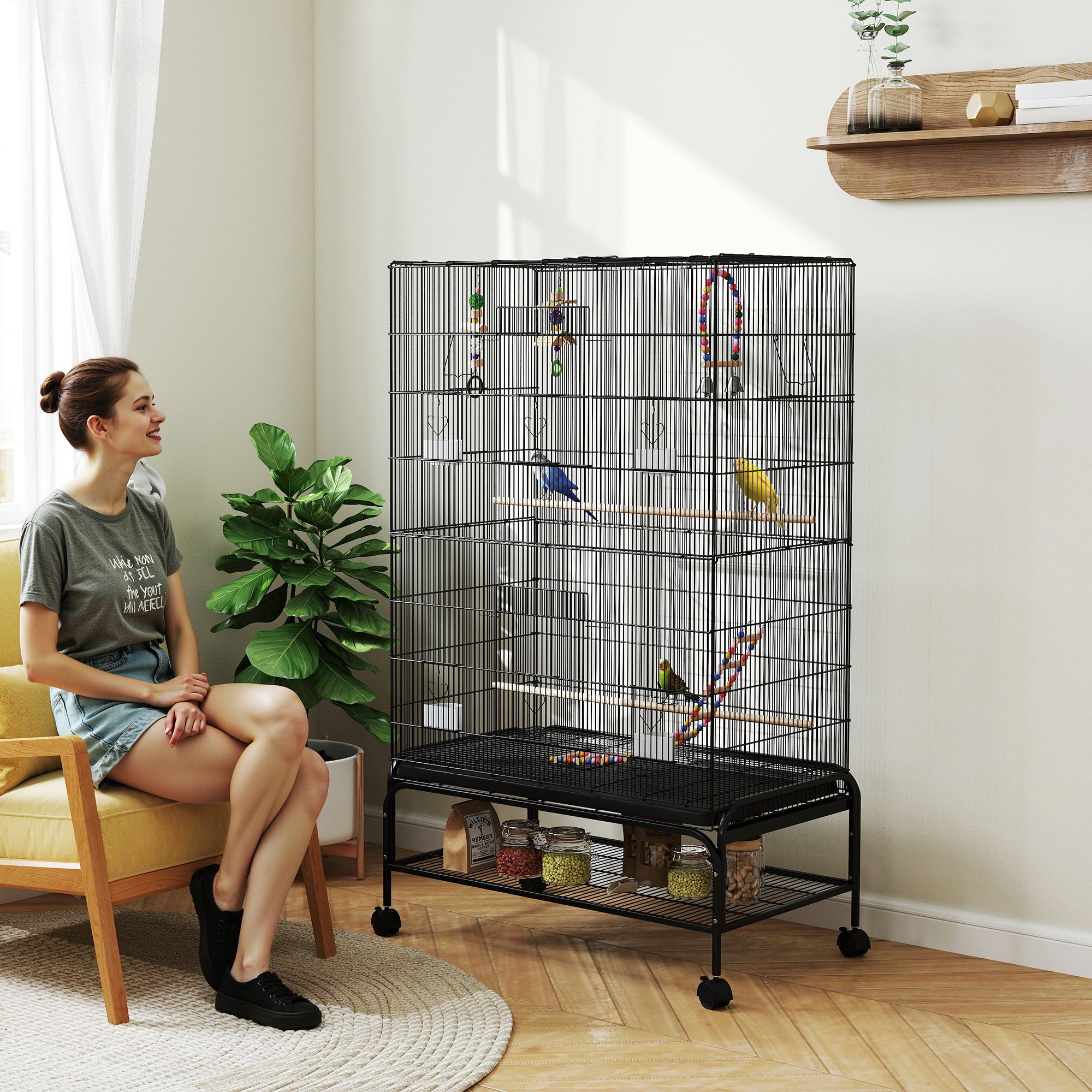 63" Bird Cage w/ Open Top for Budgies, Cockatiels, Lovebirds Finches, Stand, Toys, Removable Tray, Storage Shelf