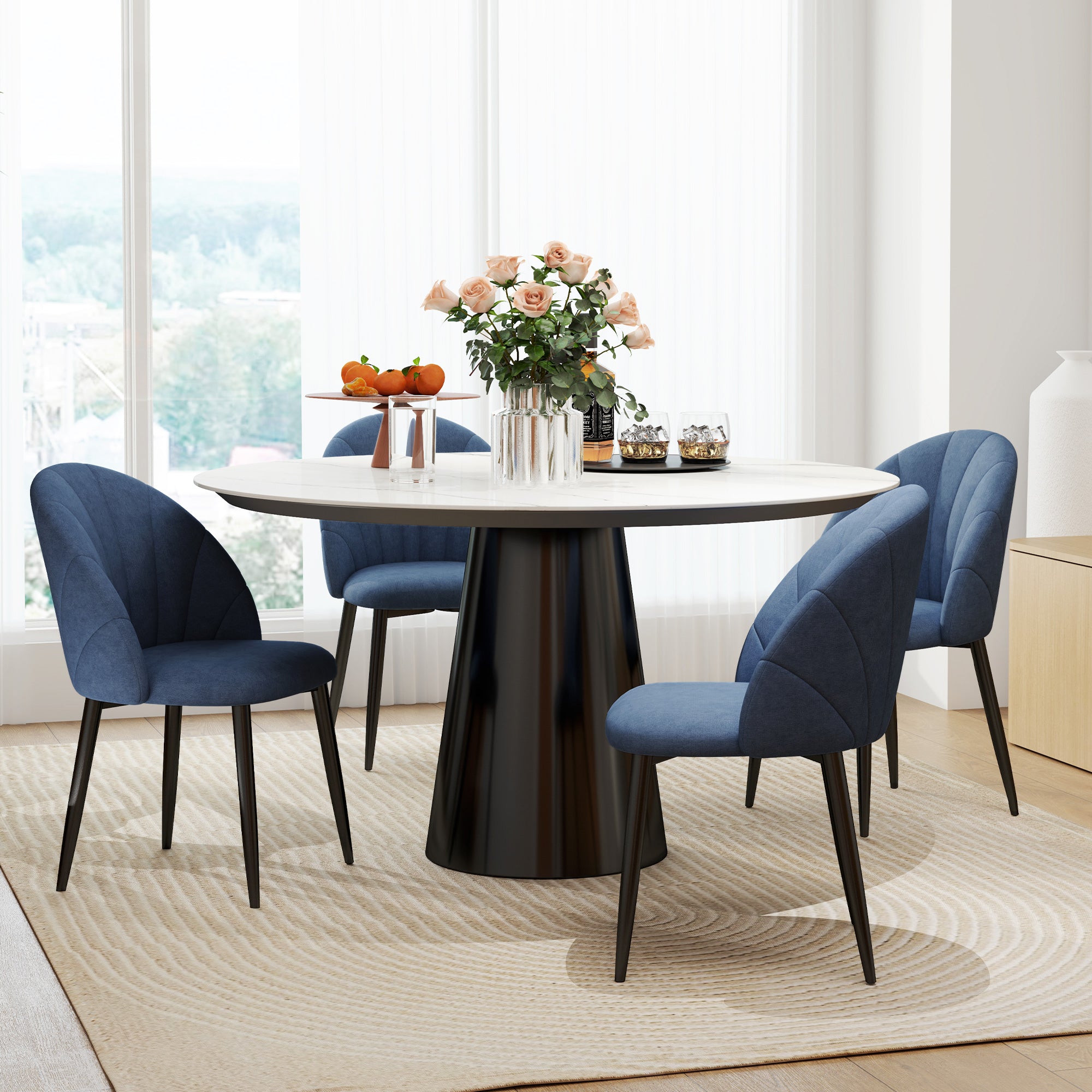 Modern Dining Chairs Set of 4, Upholstered Dining Room Chairs with Metal Legs, Shell Backrest, Padded Seat, Blue