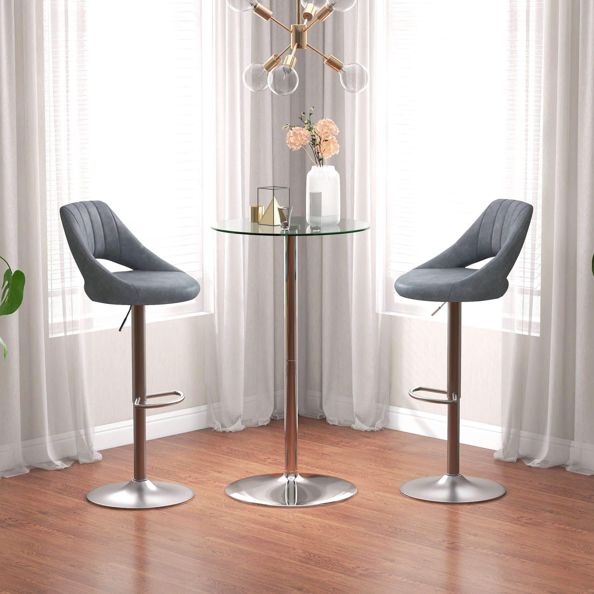 High Top Bar Table, Round Kitchen Table with Tempered Glass Top and Steel Base, Bistro Table for 2 People, Clear