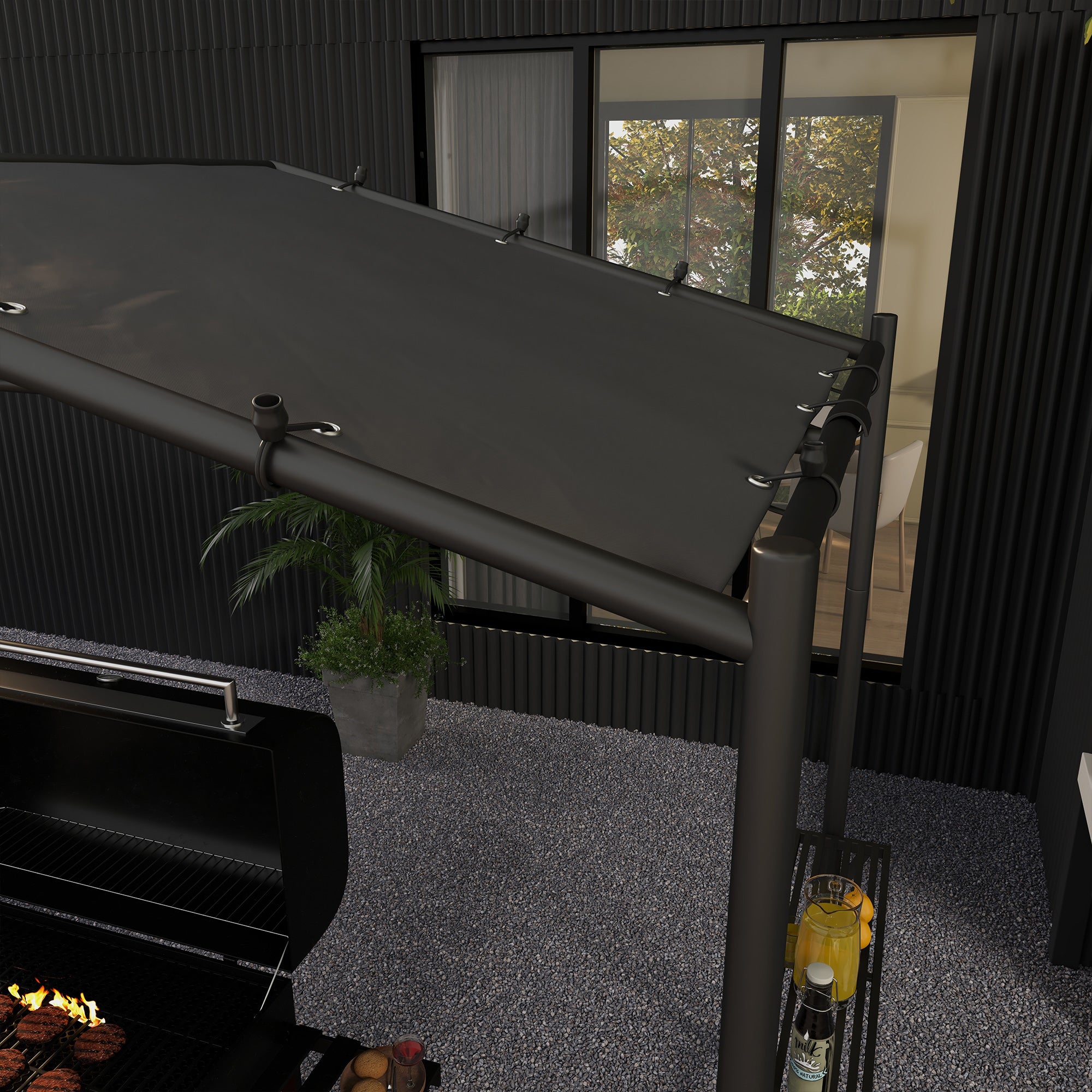 9' x 5' BBQ Grill Gazebo Tent, Garden Grill Canopy Outdoor Grill Shelter w/ Steel Frame and Serving Shelves, Dark Grey