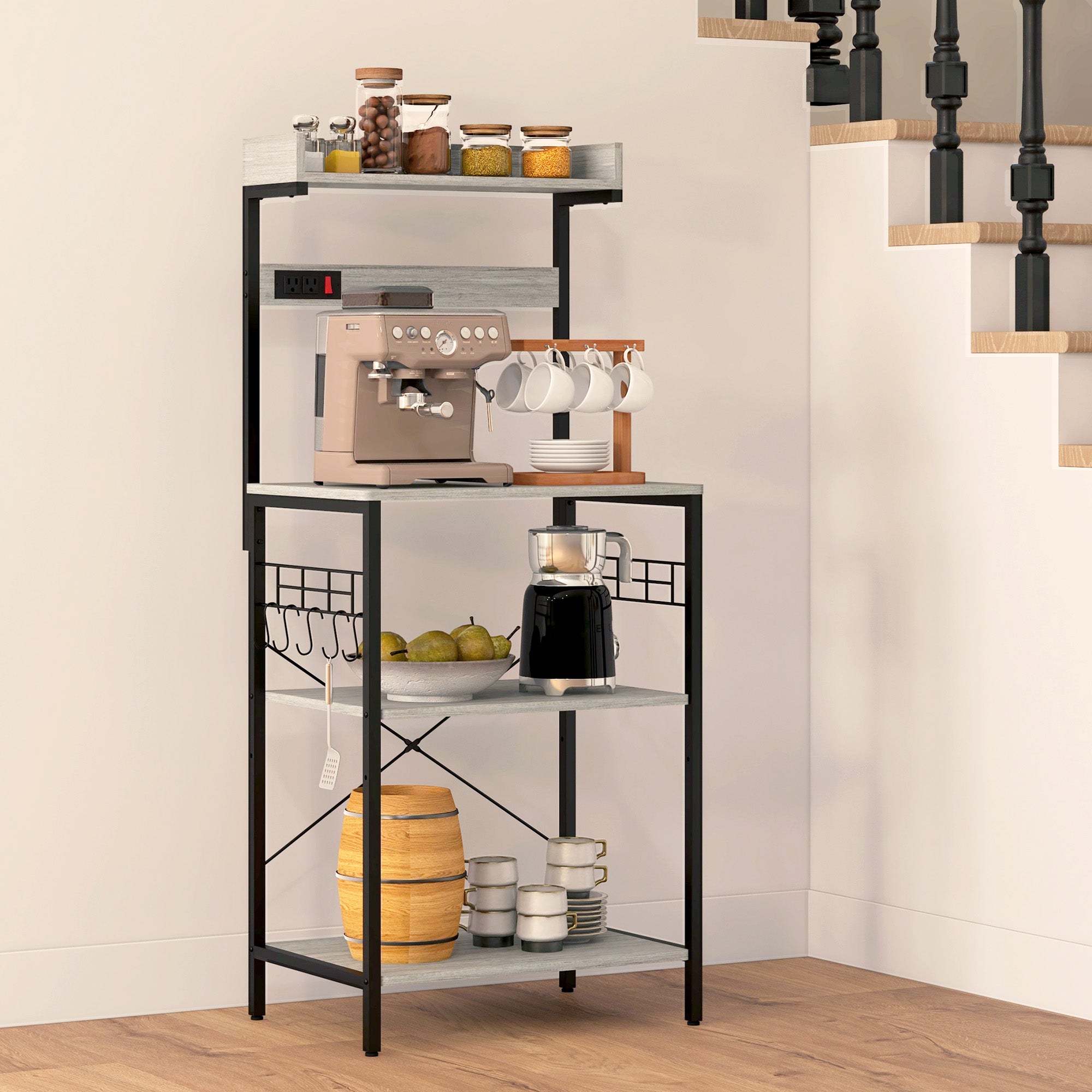 Kitchen Baker's Rack with Power Outlet, Coffee Bar Station with Adjustable Shelves and Hooks, Distressed Grey