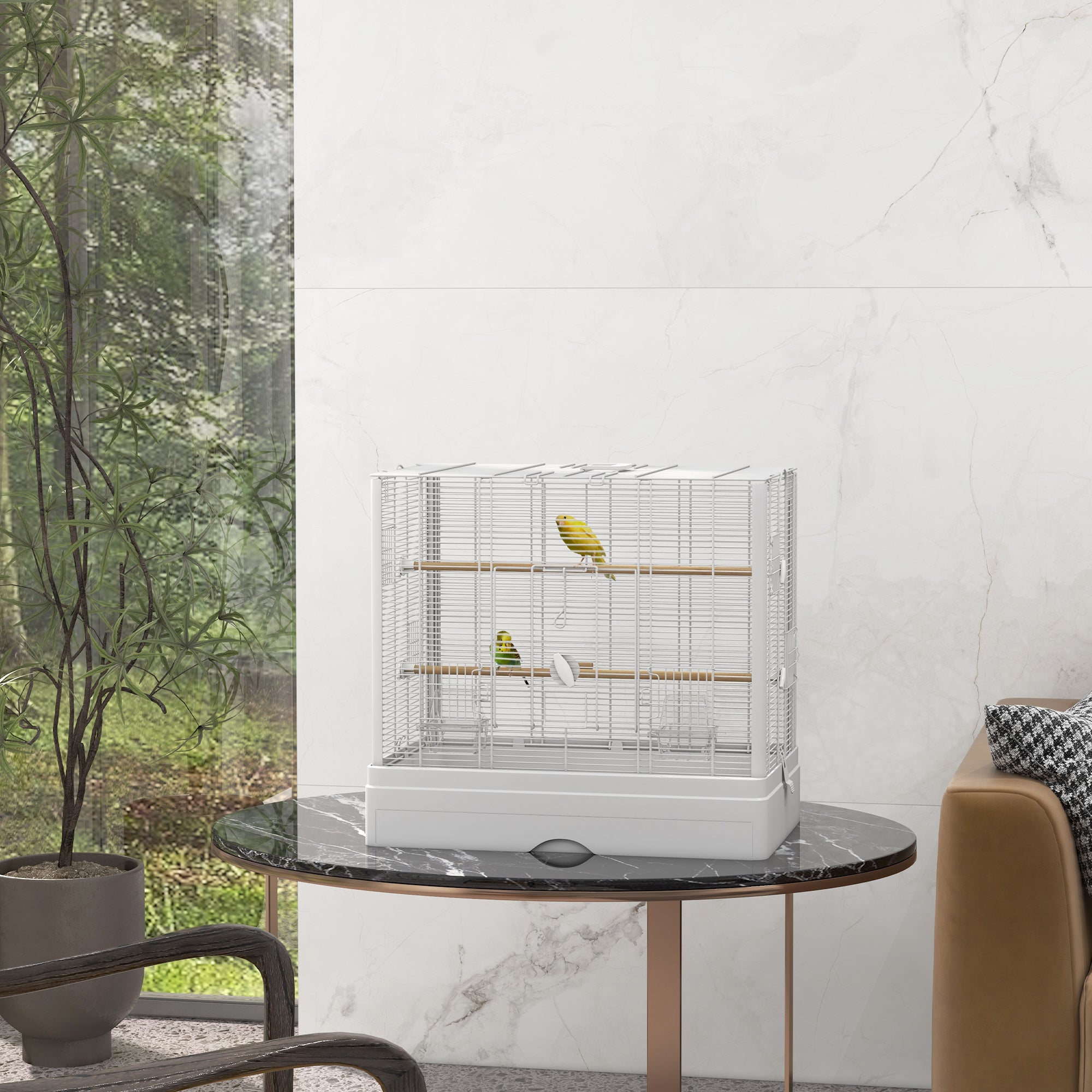 22" Bird Cage for Budgie Finches Canaries Love Birds with Wooden Stands, Slide-Out Tray, Handles, Food Containers, White